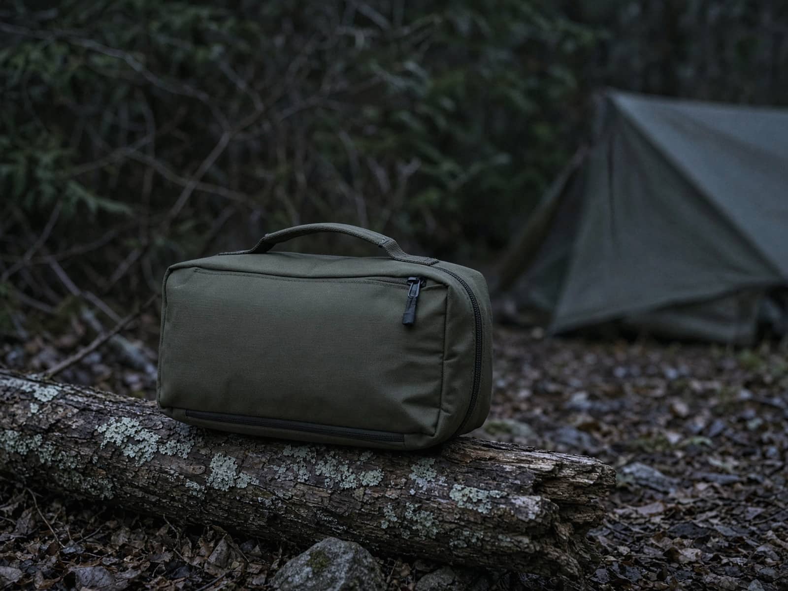 A larger group first-aid kit bag on a log at camp