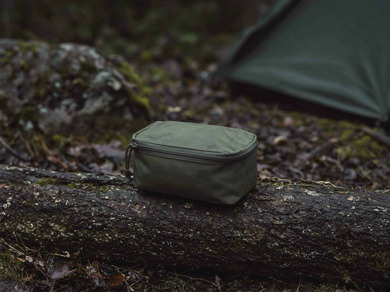 A small zippered first-aid pouch on a log at camp