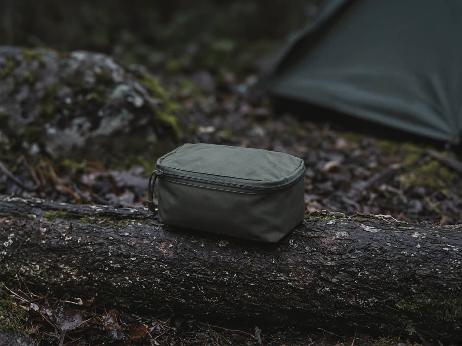 A small zippered first-aid pouch on a log at camp