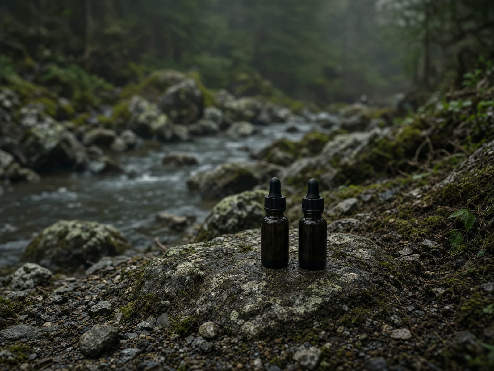Two small treatment-drop bottles beside a stream