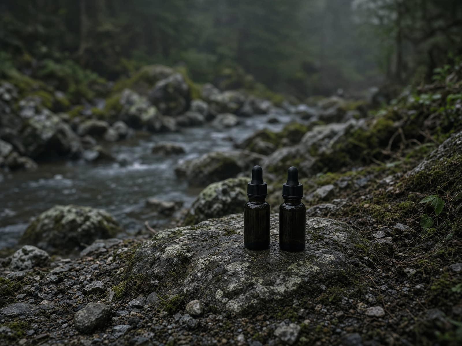 Two small treatment-drop bottles beside a stream