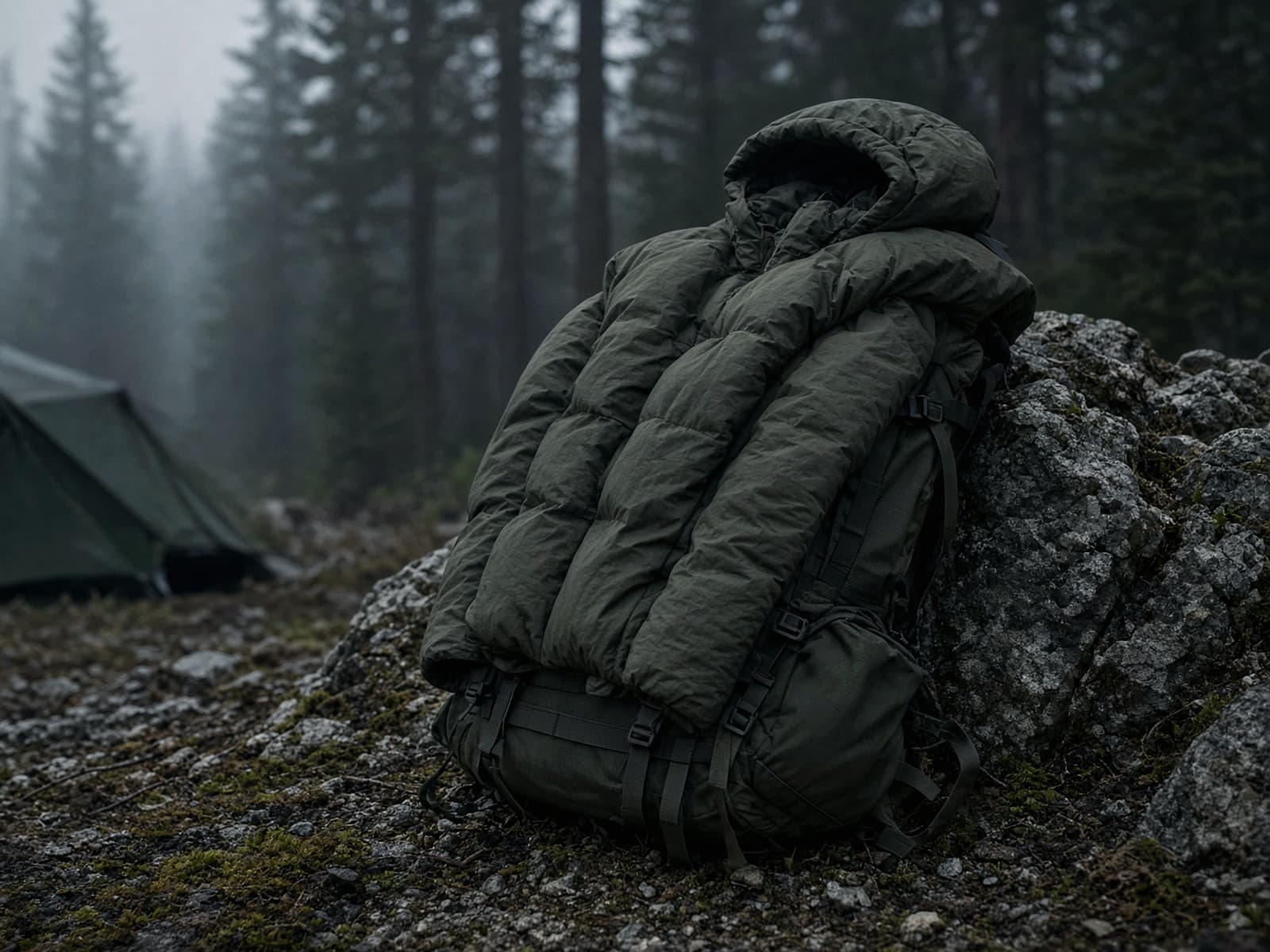 An active-insulation hoody draped over a pack at a cold camp