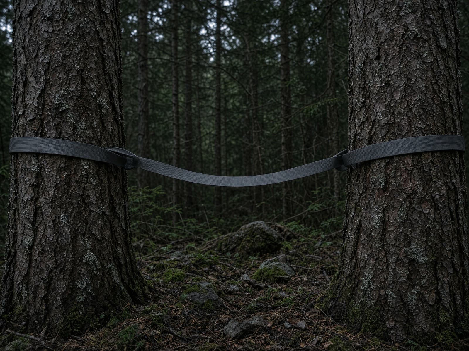 Wide tree straps around bark between two conifers