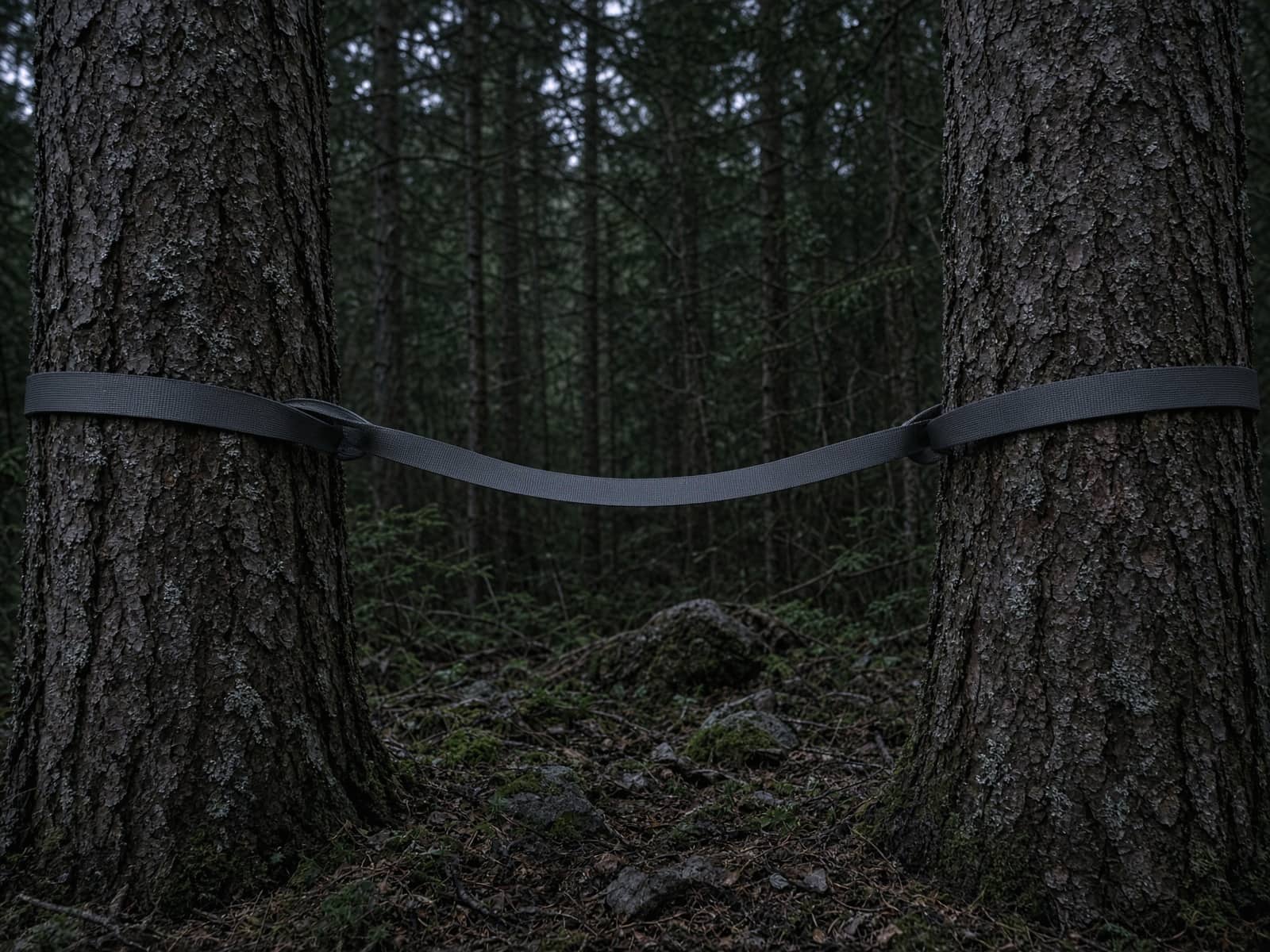 Wide tree straps around bark between two conifers
