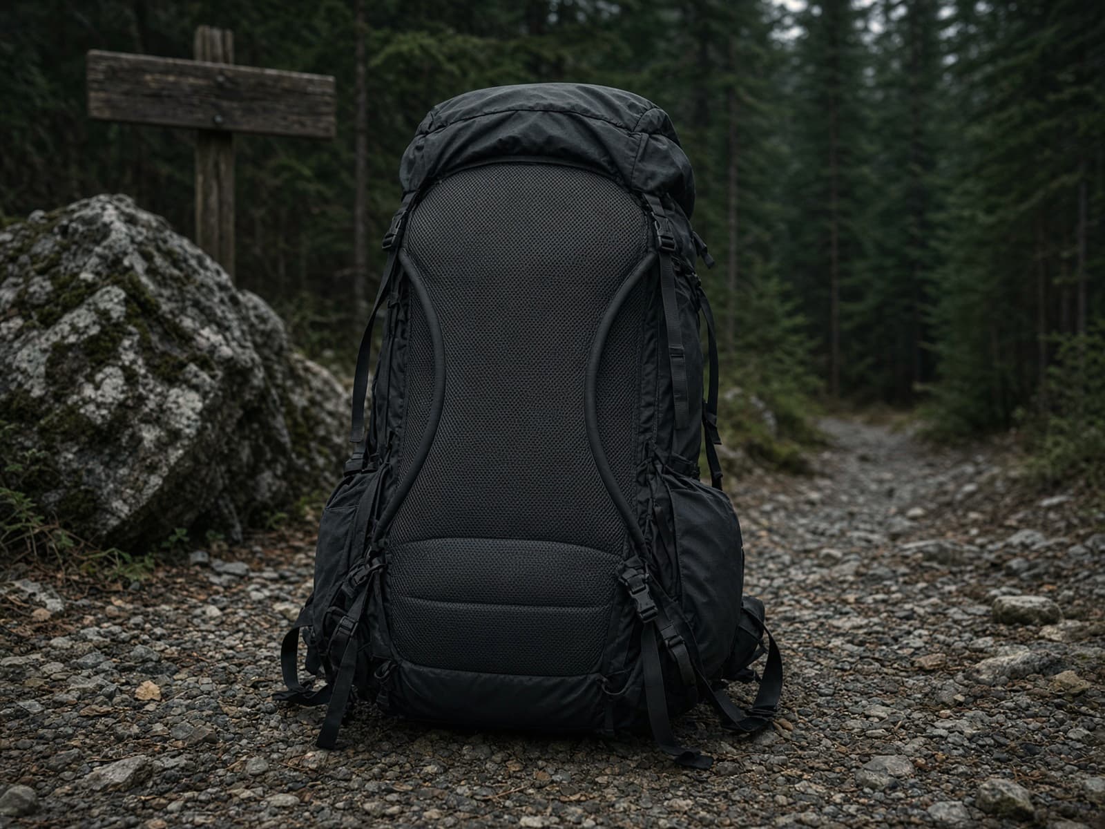 A 65-liter pack with a suspended mesh back standing on trailhead gravel