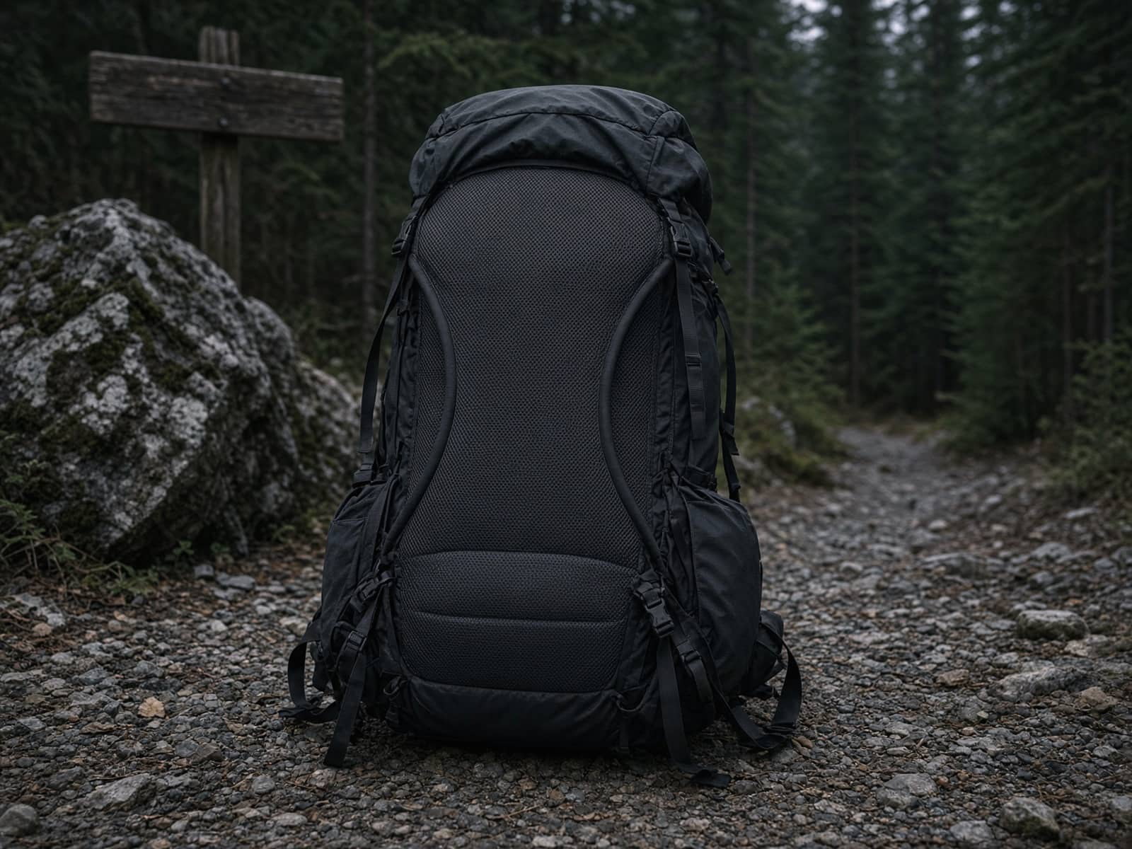 A 65-liter pack with a suspended mesh back standing on trailhead gravel