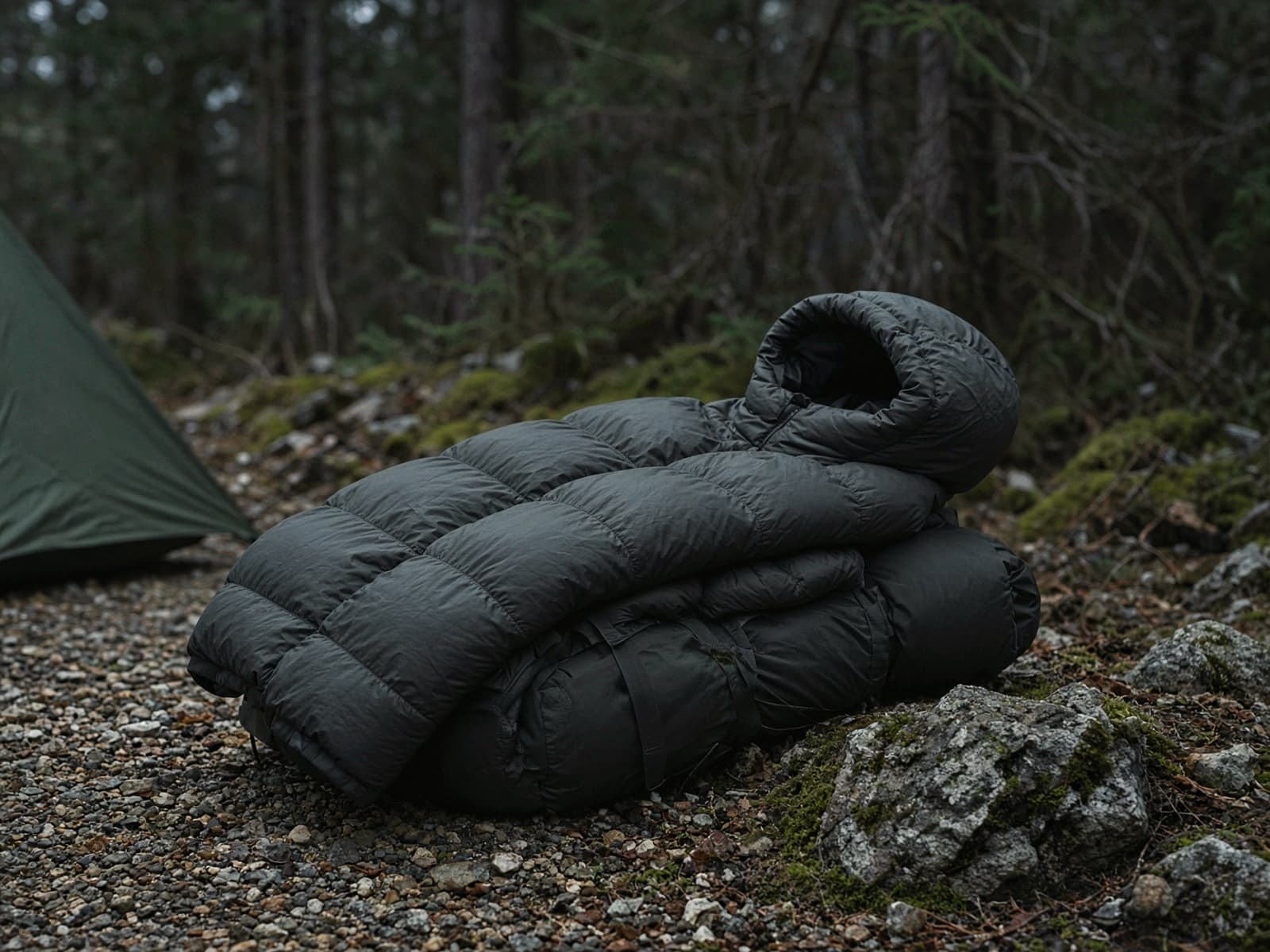 A synthetic insulated hoody draped over a pack at a cold camp
