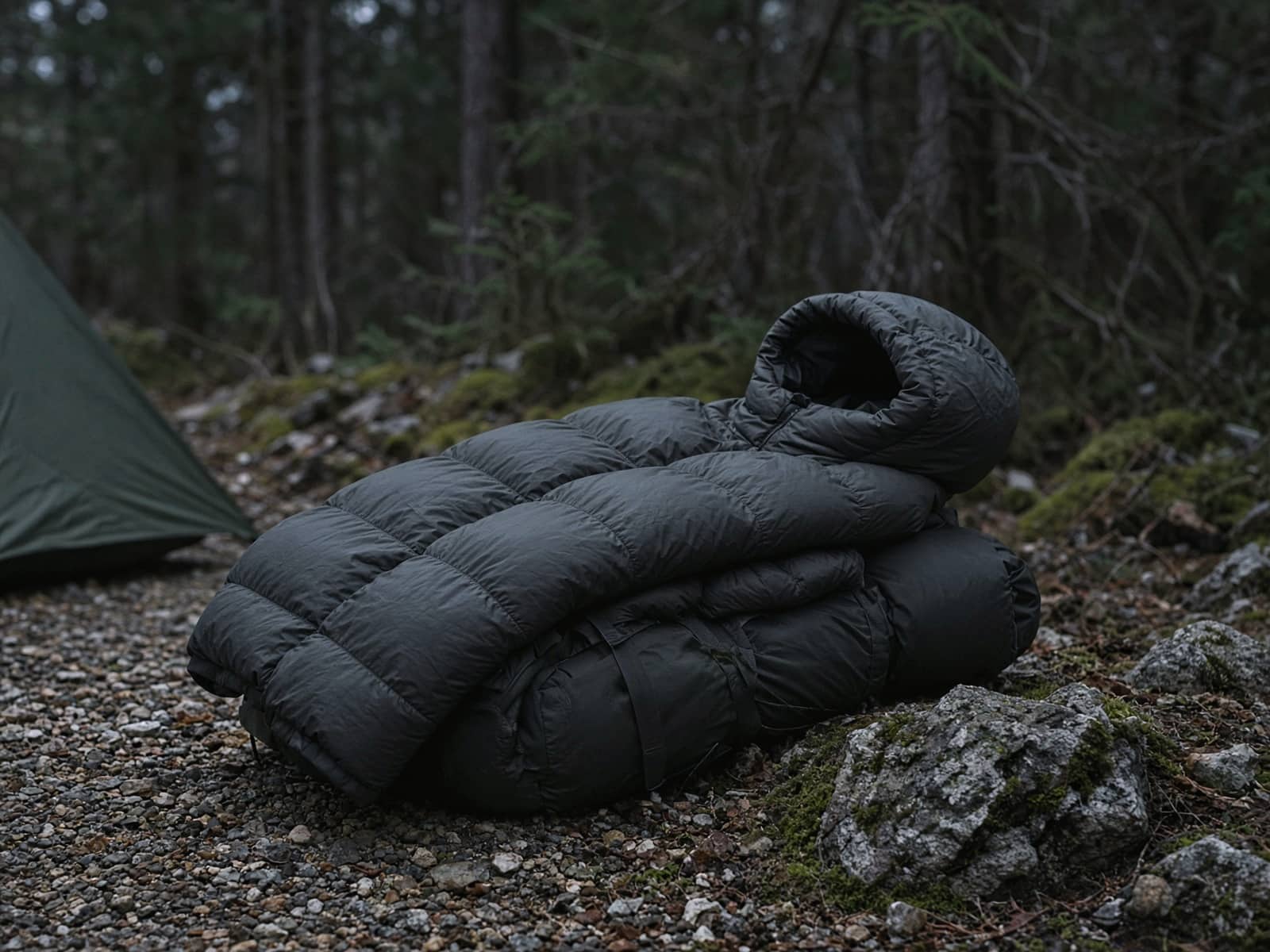A synthetic insulated hoody draped over a pack at a cold camp