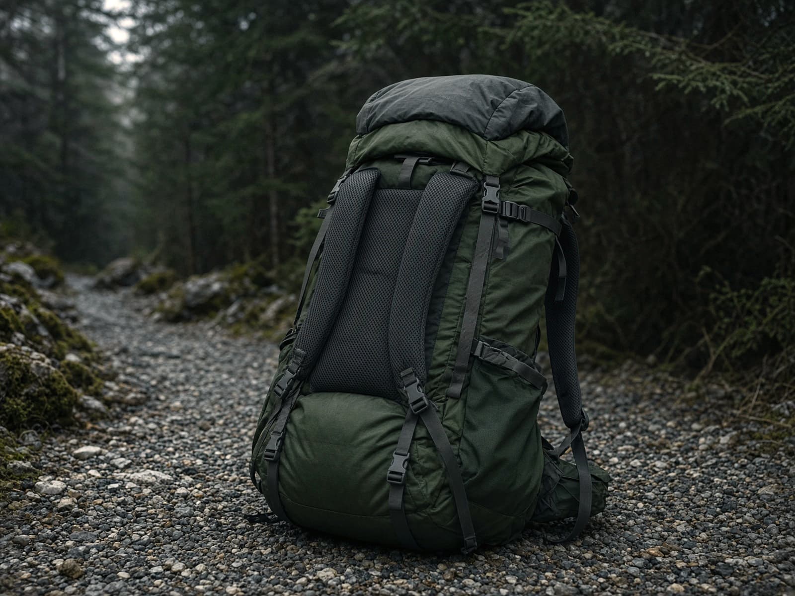 A women's 65-liter pack with mesh back standing on trailhead gravel