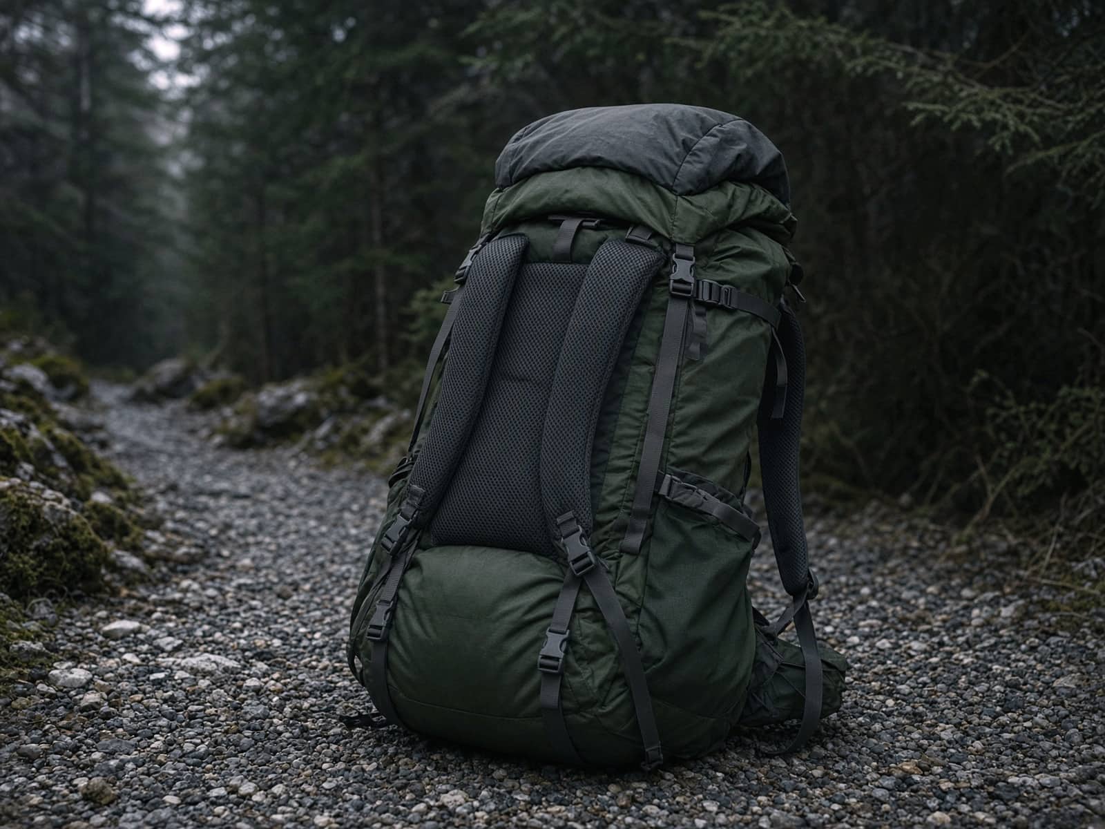 A women's 65-liter pack with mesh back standing on trailhead gravel
