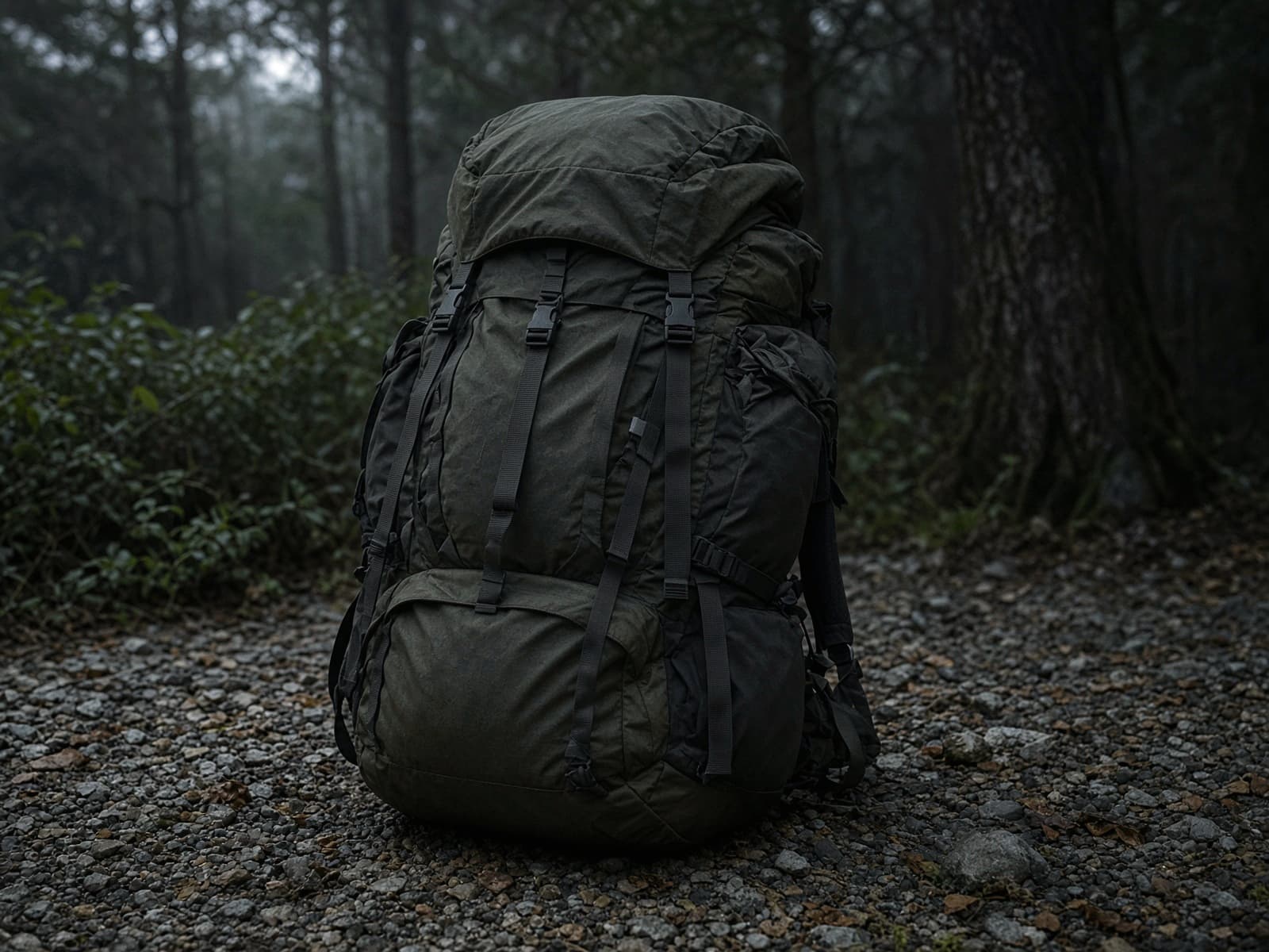 A heavily pocketed 65-liter load-hauling pack standing on trailhead gravel