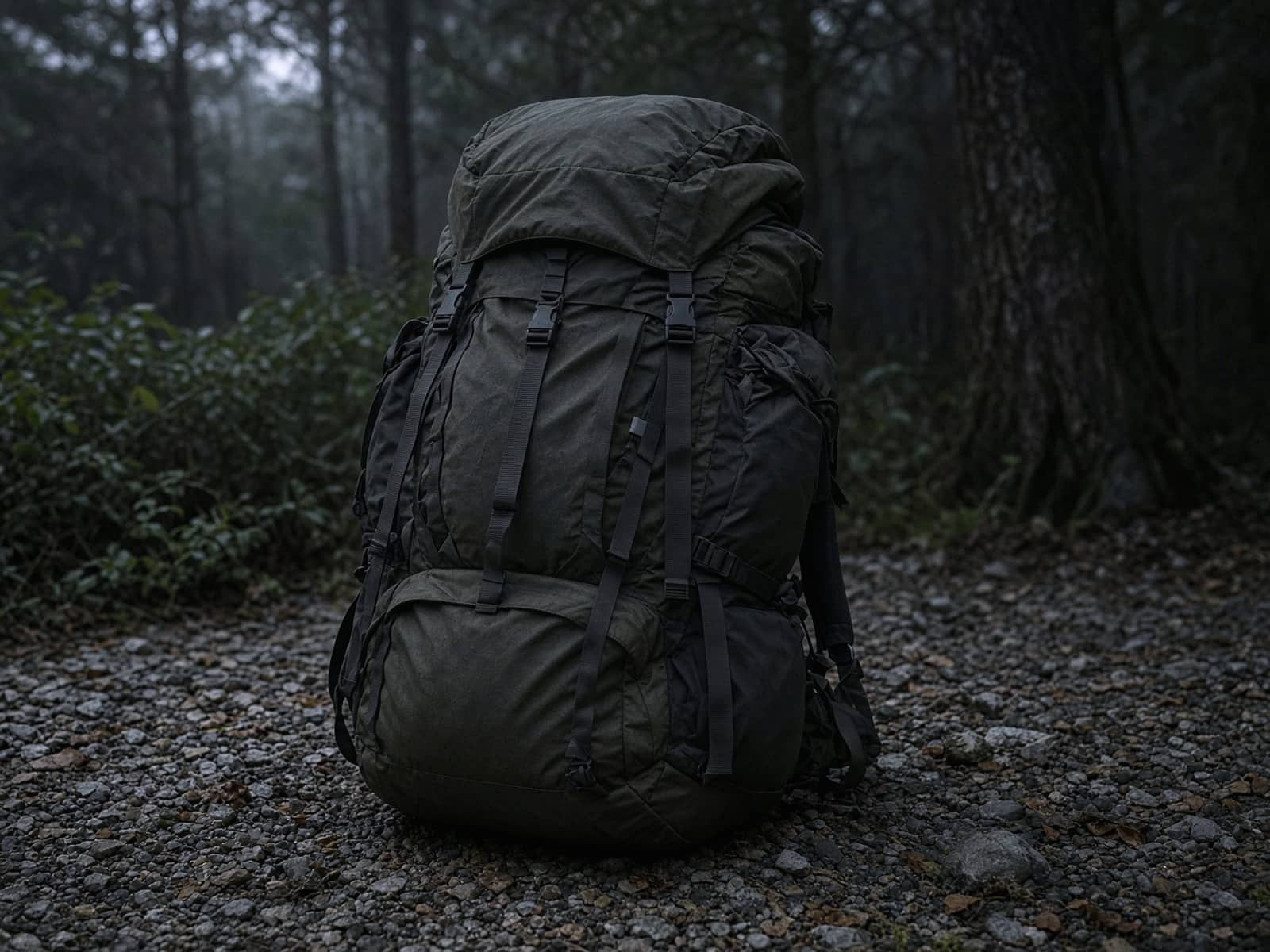 A heavily pocketed 65-liter load-hauling pack standing on trailhead gravel
