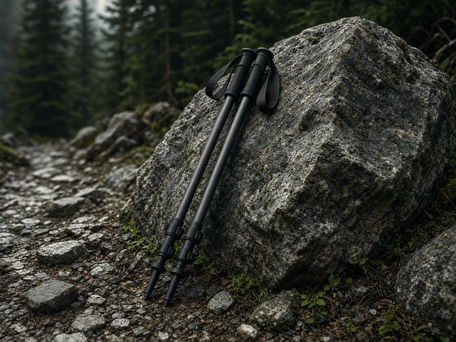 A pair of folding carbon trekking poles leaning on a boulder on a rocky trail
