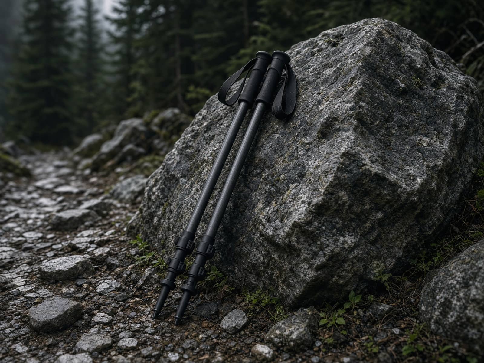A pair of folding carbon trekking poles leaning on a boulder on a rocky trail