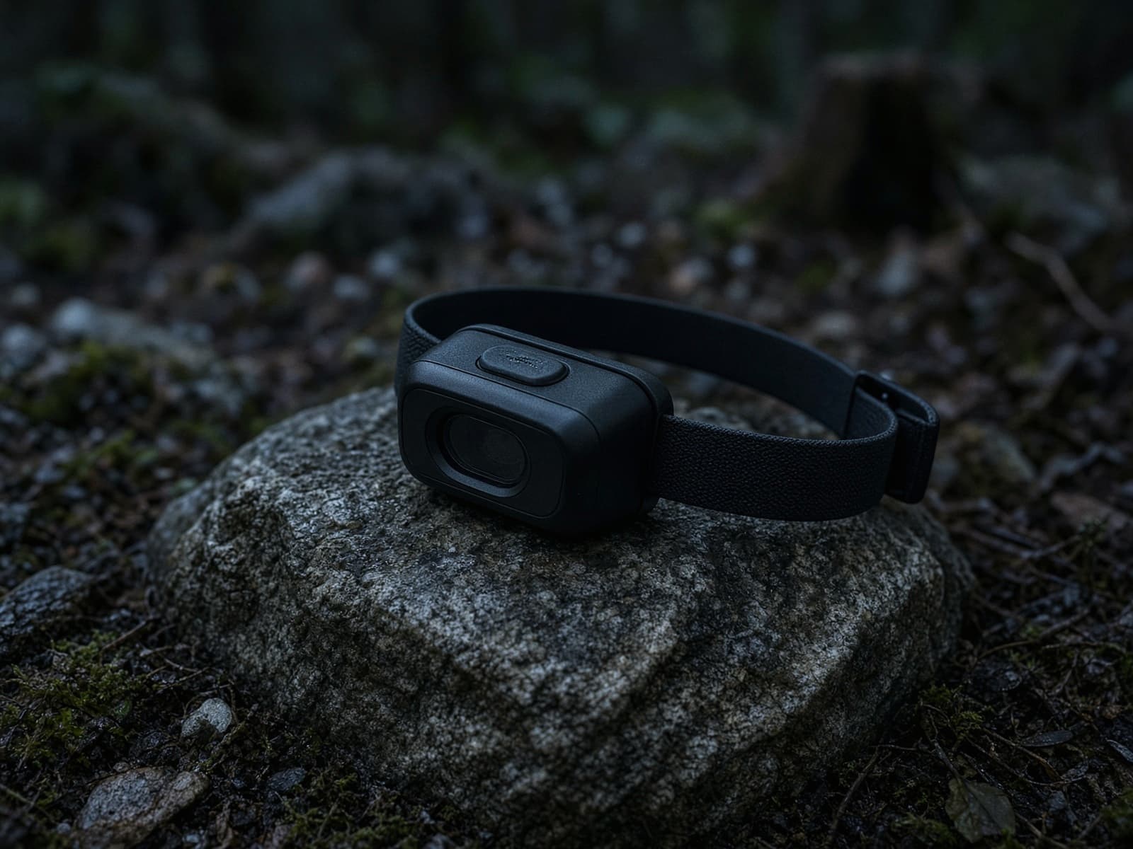 A bright rechargeable headlamp on a rock at blue hour