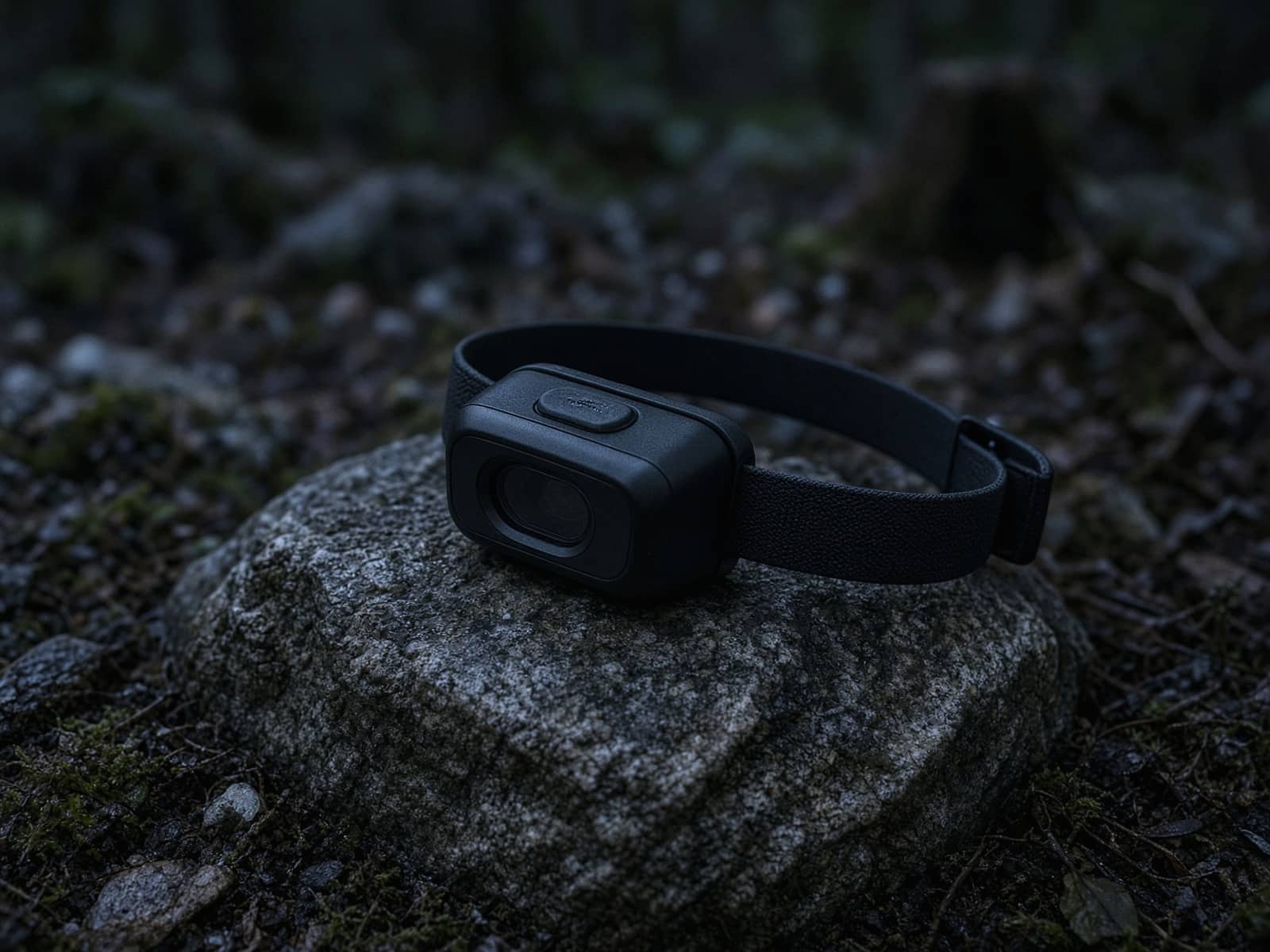 A bright rechargeable headlamp on a rock at blue hour