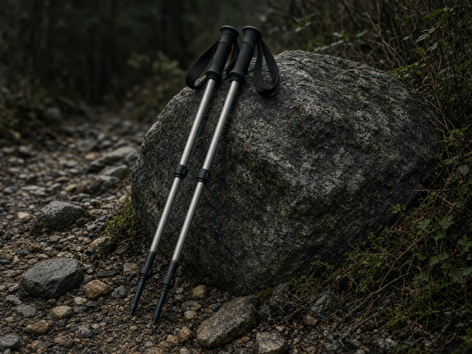 A pair of aluminum trekking poles with angled grips leaning on a boulder on a rocky trail