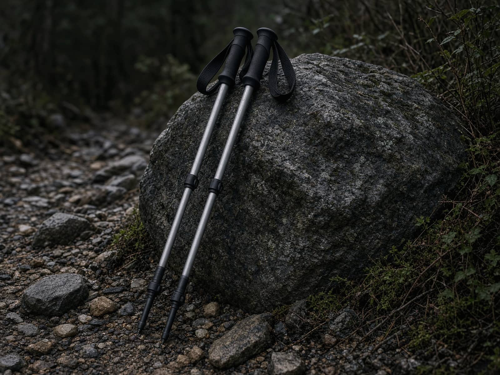 A pair of aluminum trekking poles with angled grips leaning on a boulder on a rocky trail