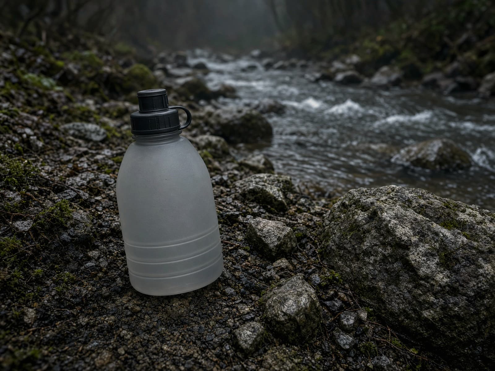 A soft flask with a filter cap beside a stream