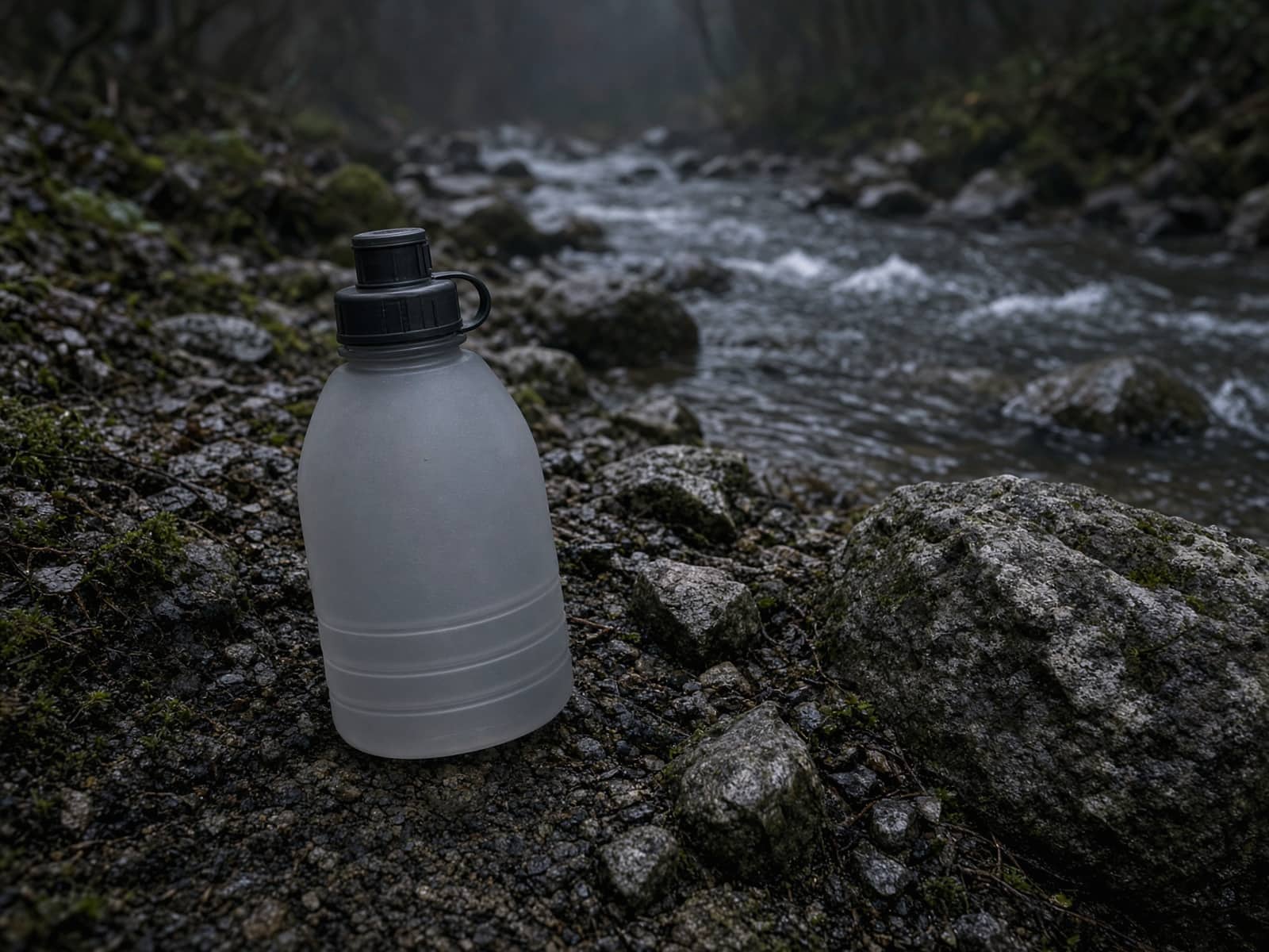 A soft flask with a filter cap beside a stream