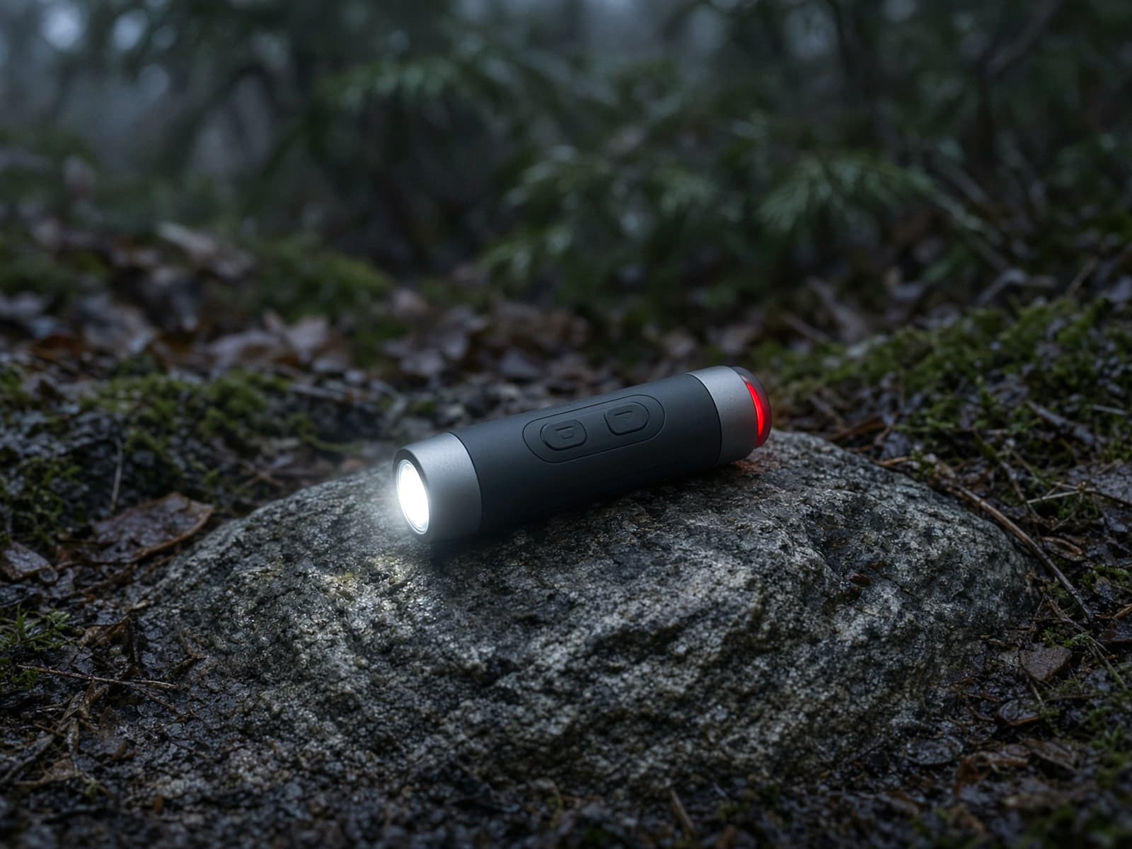 A slim flush headlamp with a rear light on a rock at blue hour