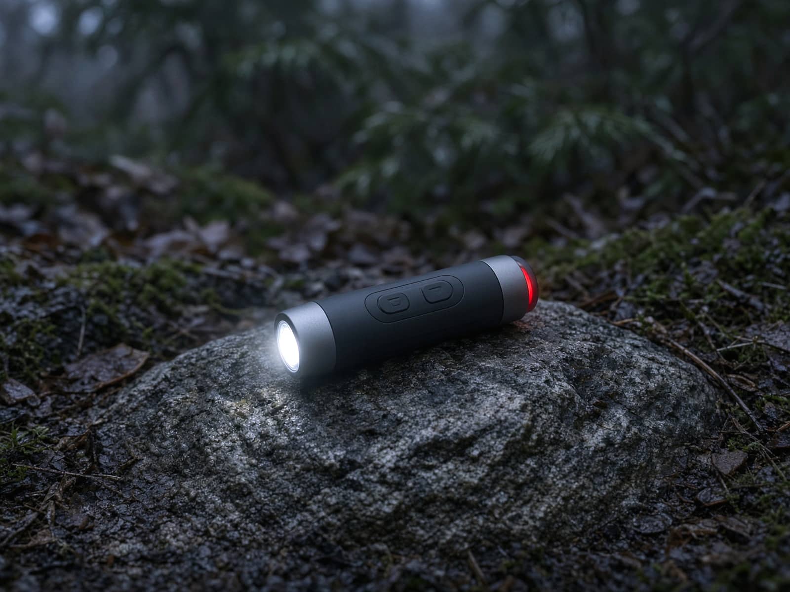 A slim flush headlamp with a rear light on a rock at blue hour