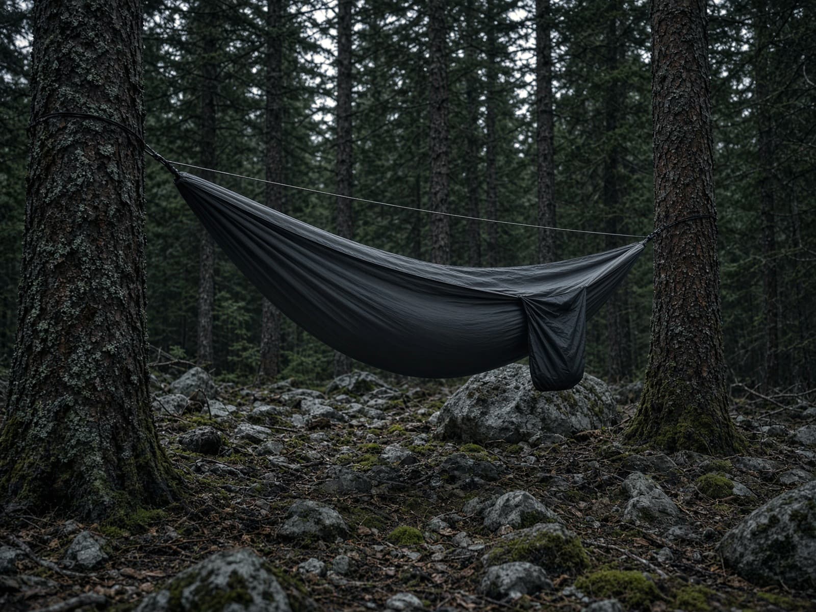 A camping hammock with a footbox and ridgeline between two conifers