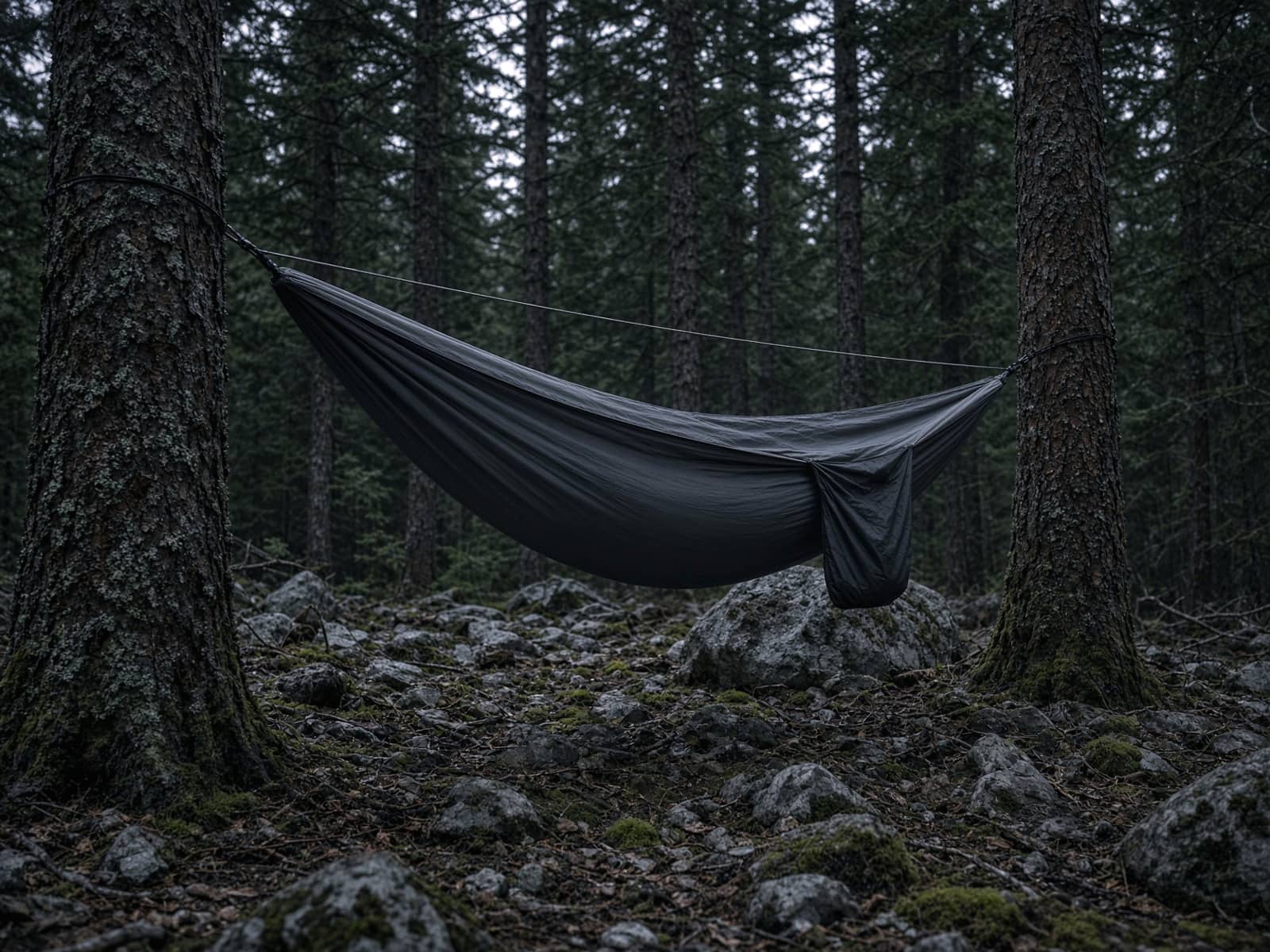 A camping hammock with a footbox and ridgeline between two conifers