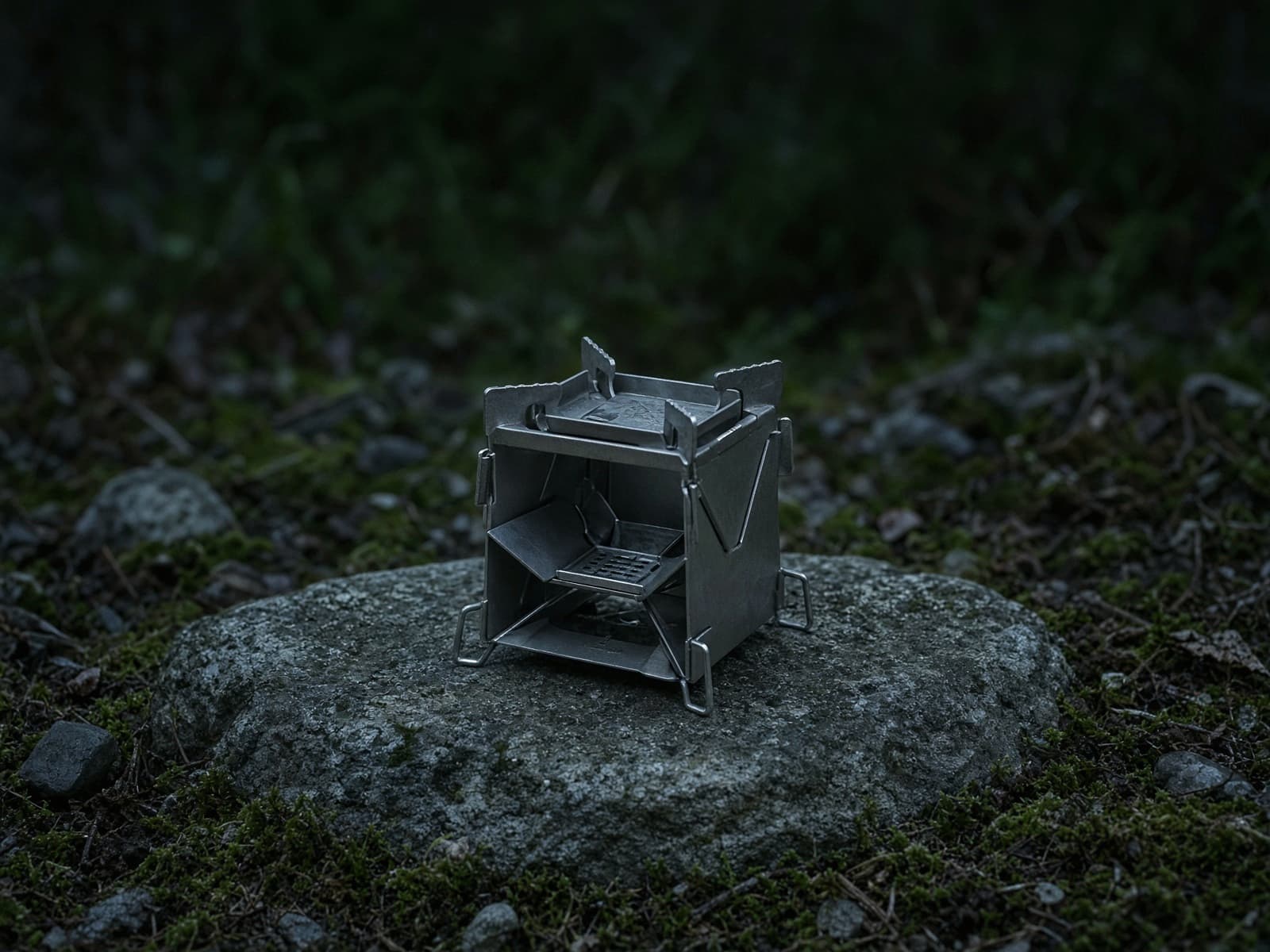 A tiny folding titanium backup stove on a flat rock at dusk