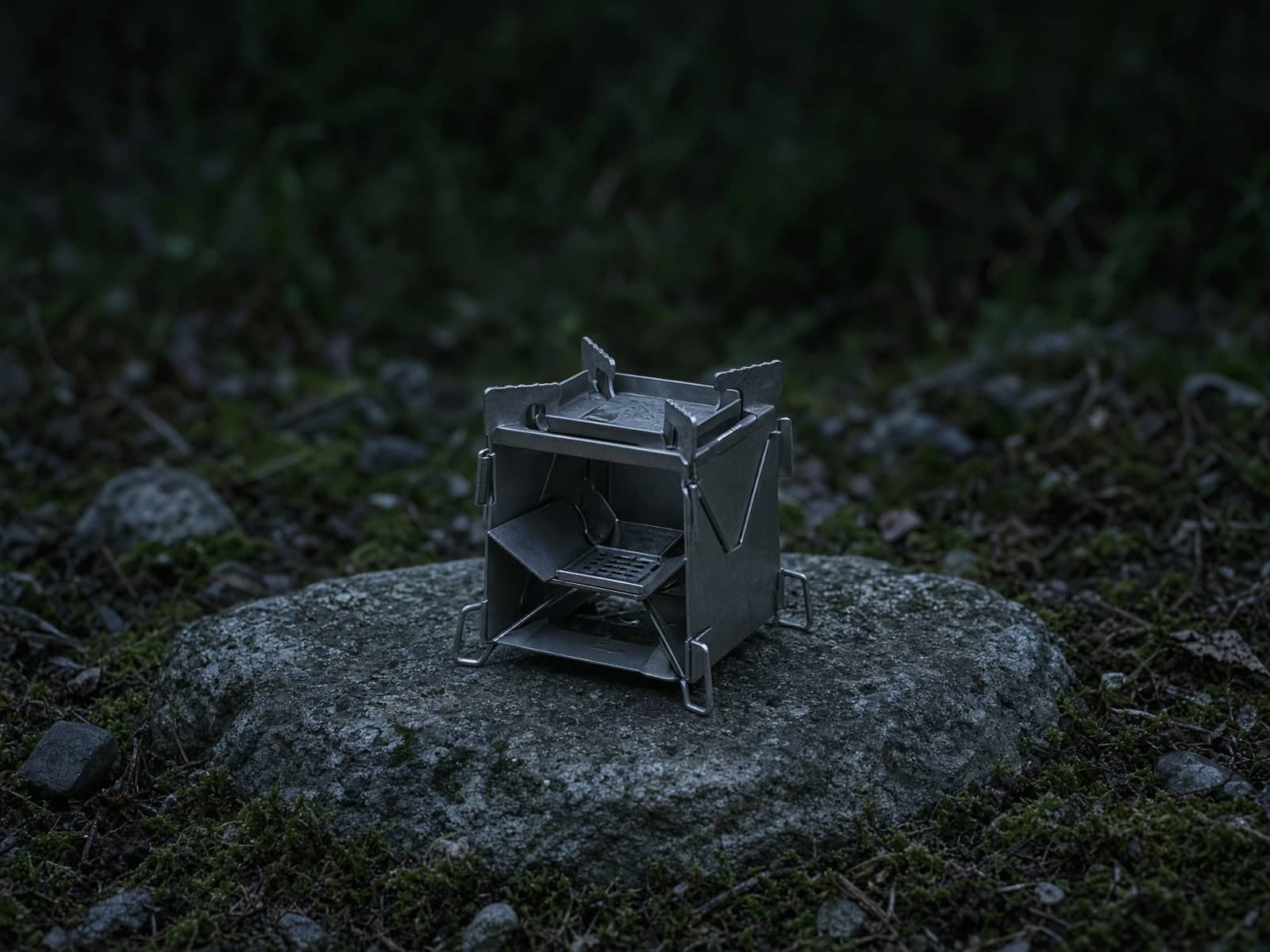 A tiny folding titanium backup stove on a flat rock at dusk