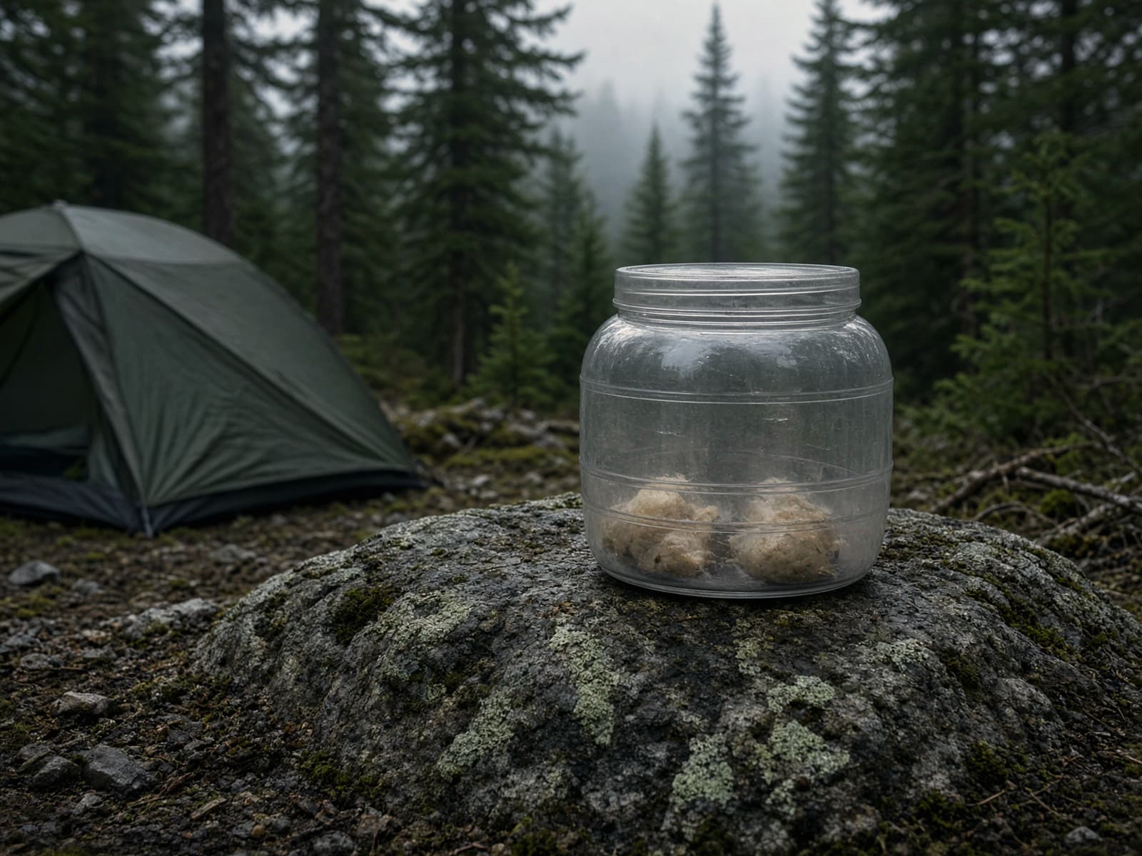 A clear hard bear canister on a stone at camp