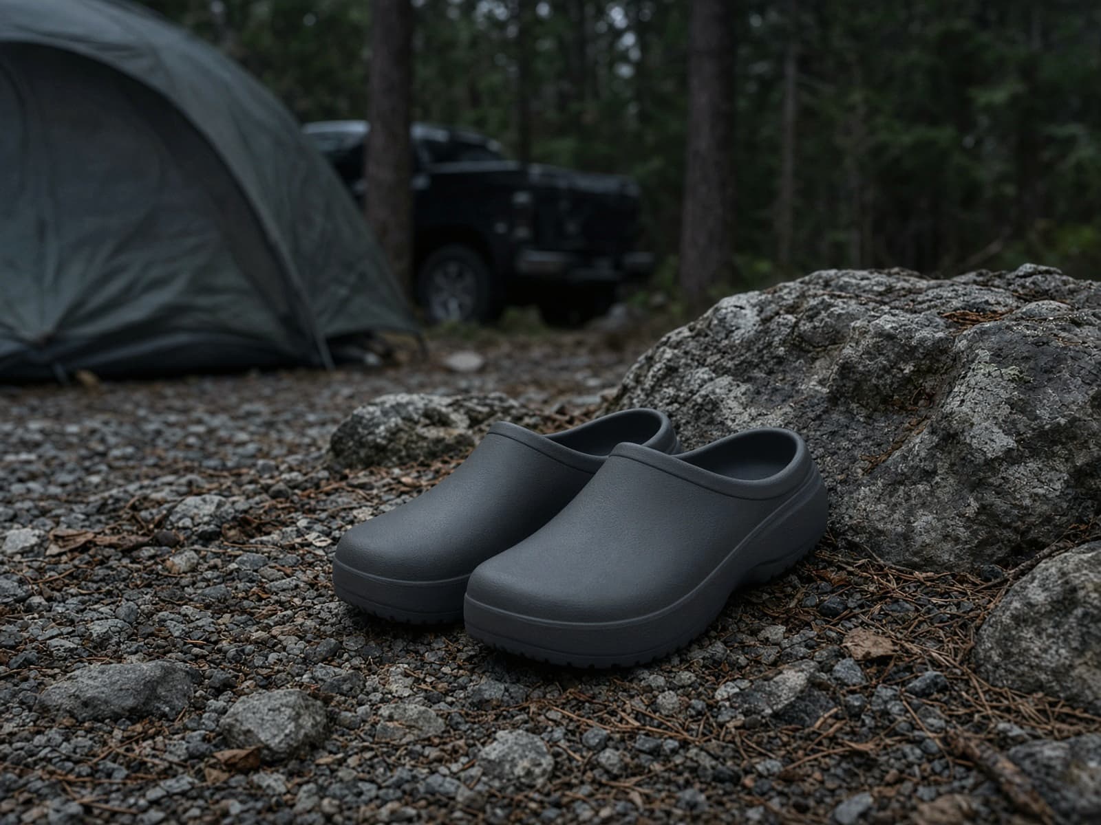 A pair of foam camp clogs at a car campsite