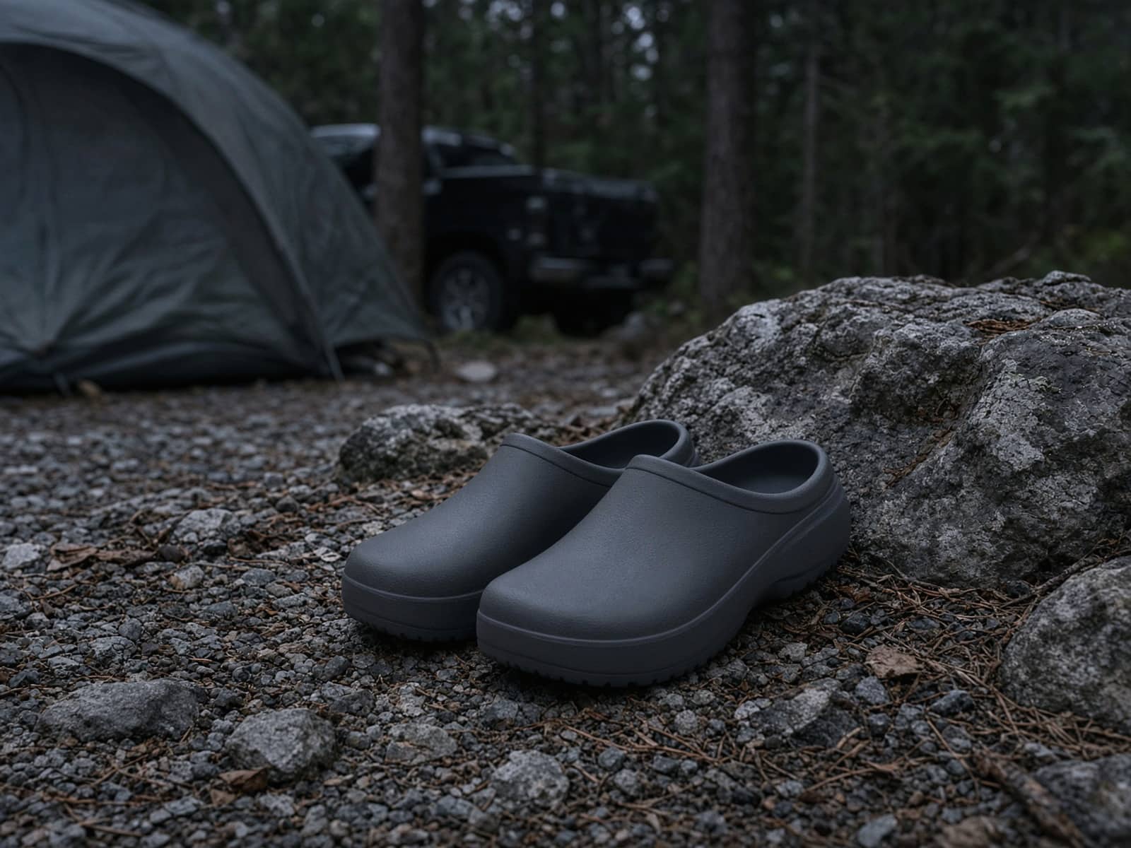 A pair of foam camp clogs at a car campsite