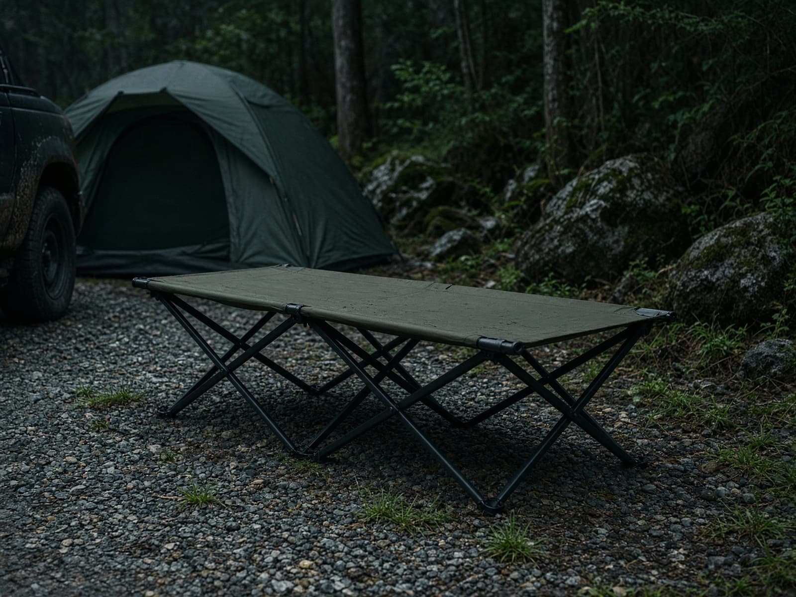 A folding camp cot at a car campsite