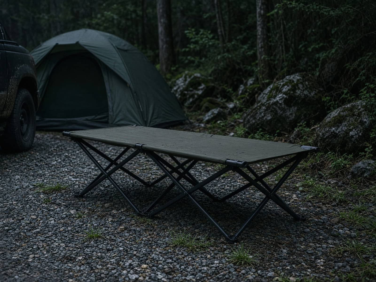 A folding camp cot at a car campsite