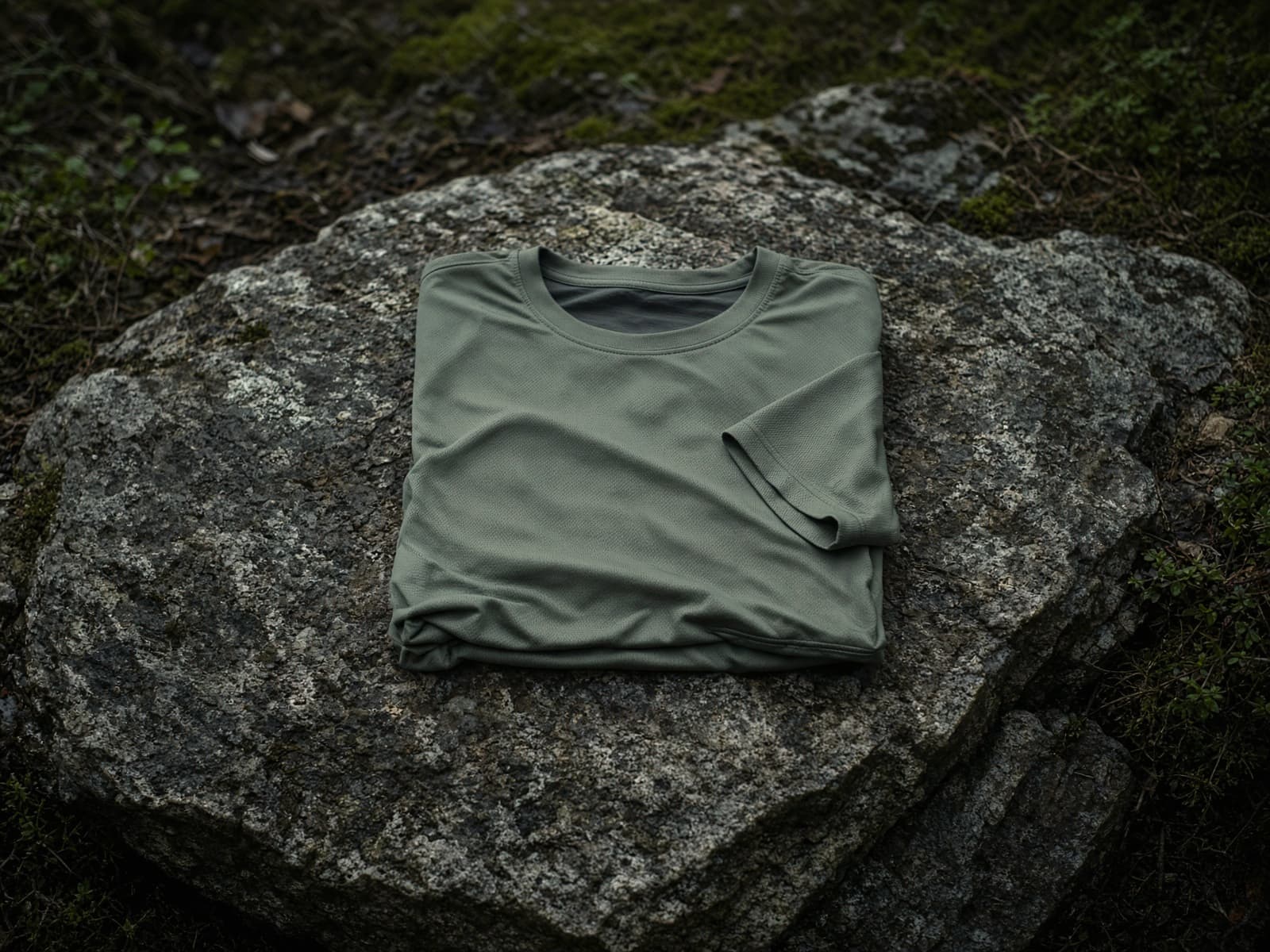 A lightweight synthetic hiking tee folded on a granite slab