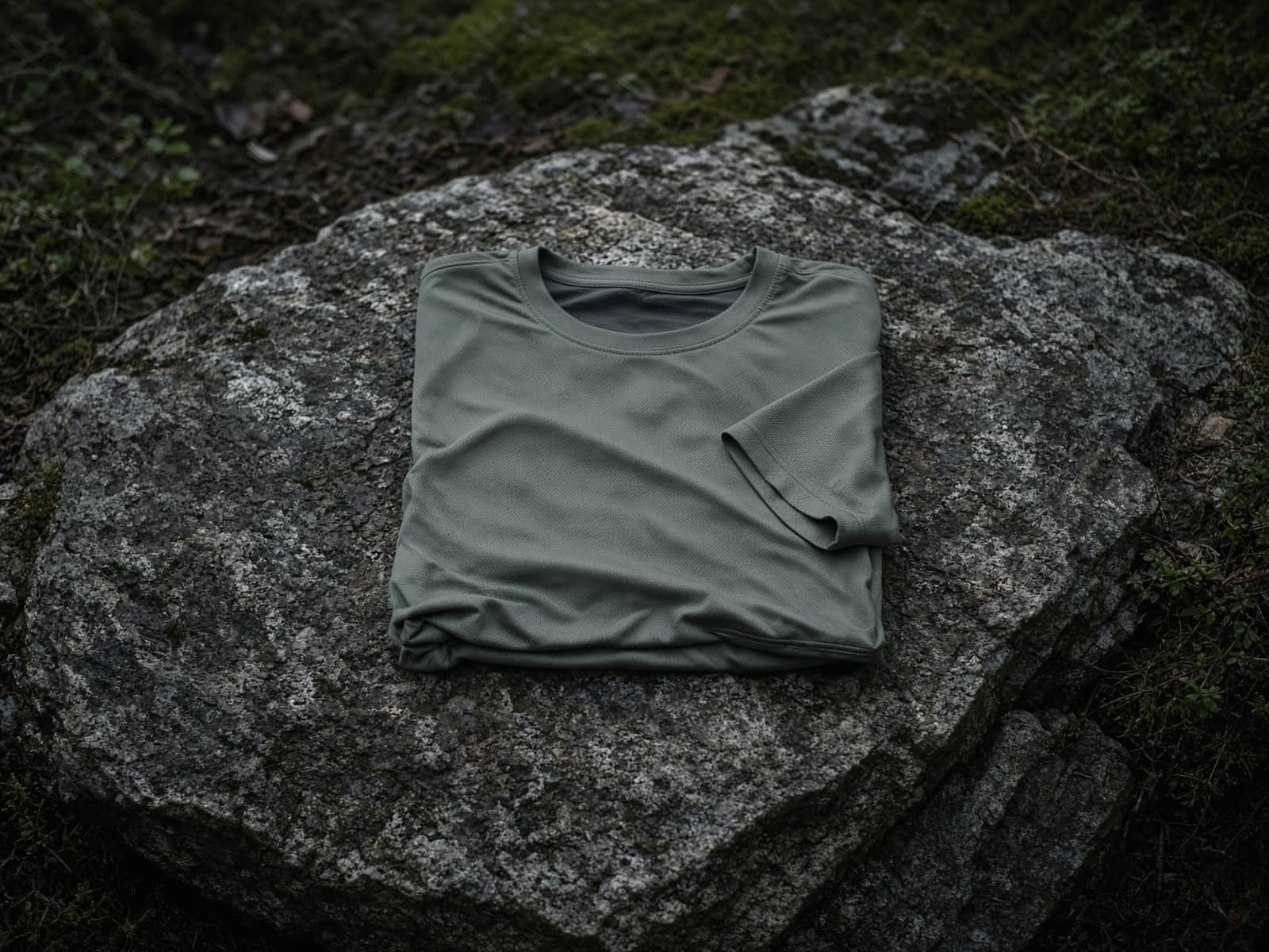 A lightweight synthetic hiking tee folded on a granite slab