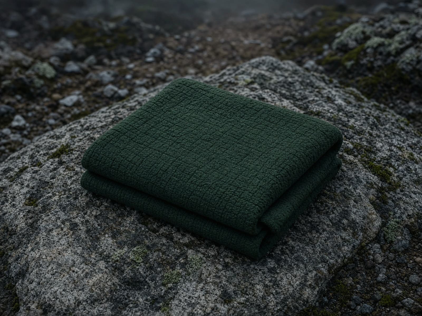 A grid-fleece winter base layer folded on a granite slab