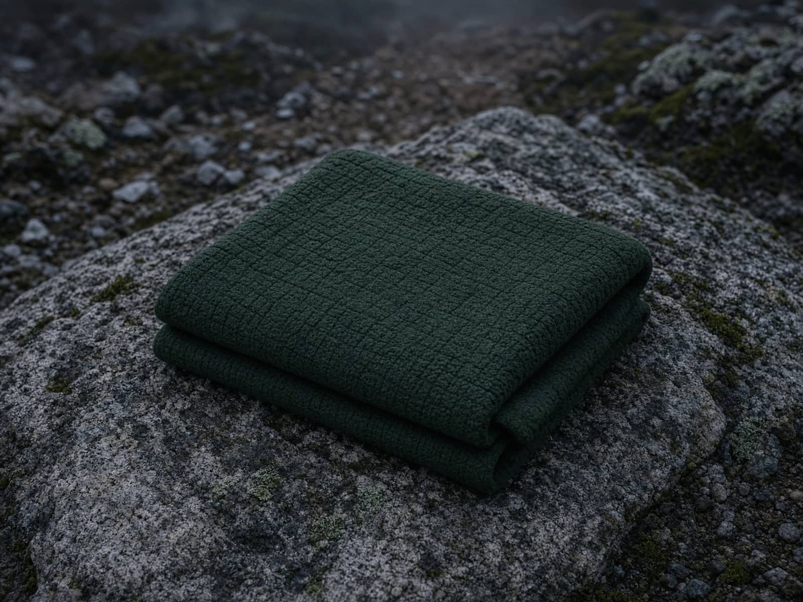 A grid-fleece winter base layer folded on a granite slab
