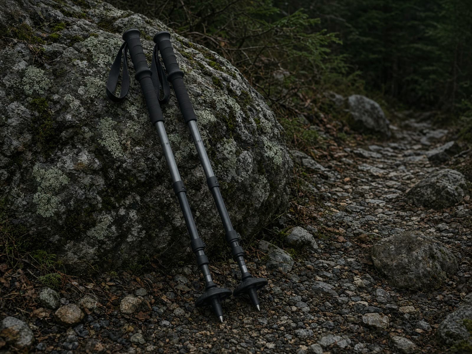 A pair of budget aluminum trekking poles leaning on a boulder on a rocky trail