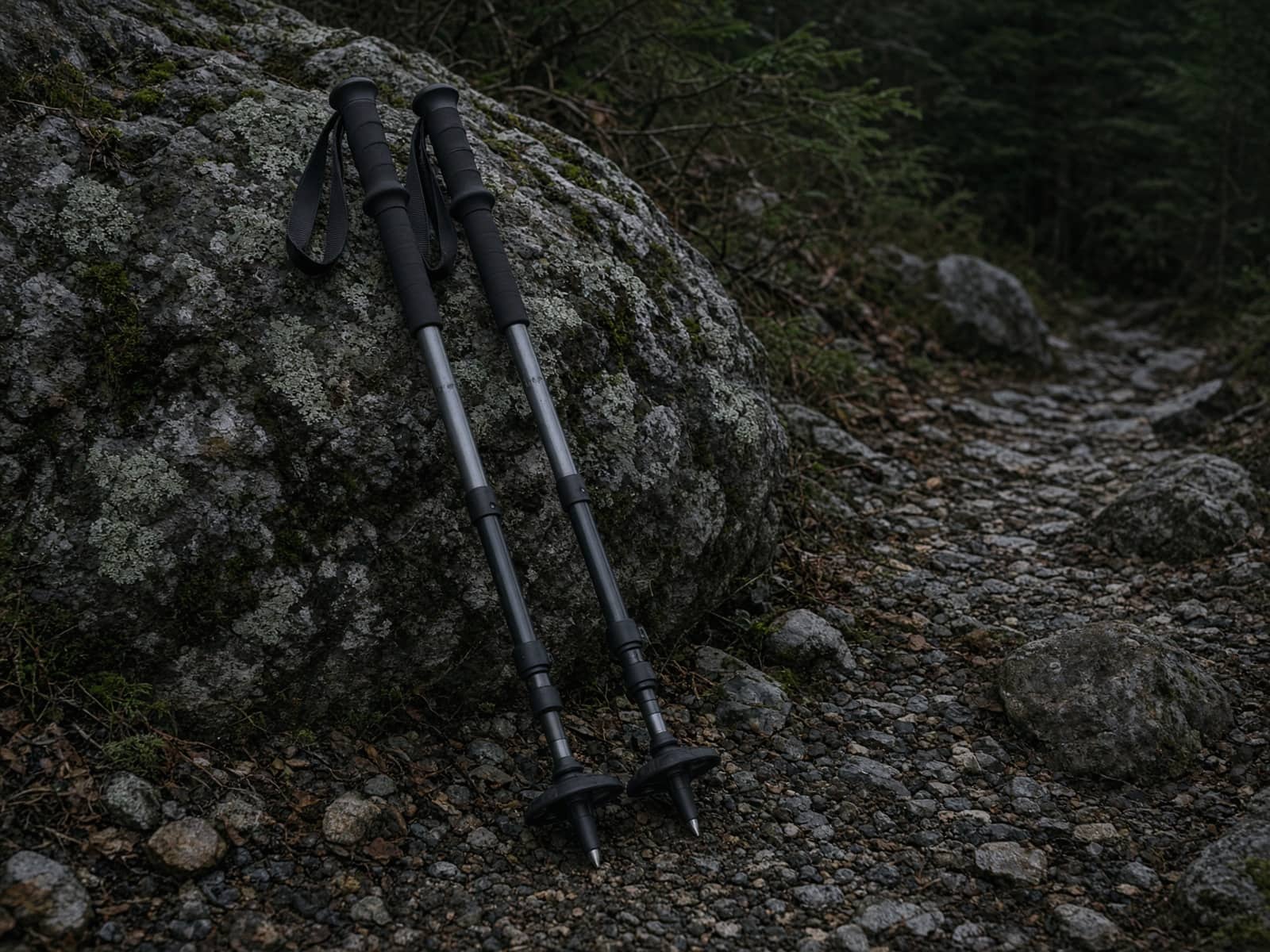 A pair of budget aluminum trekking poles leaning on a boulder on a rocky trail