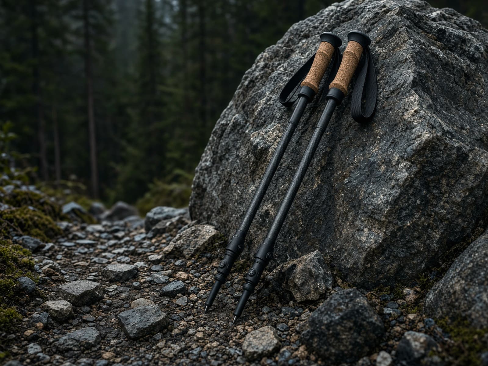 A pair of carbon trekking poles with cork grips leaning on a boulder on a rocky trail