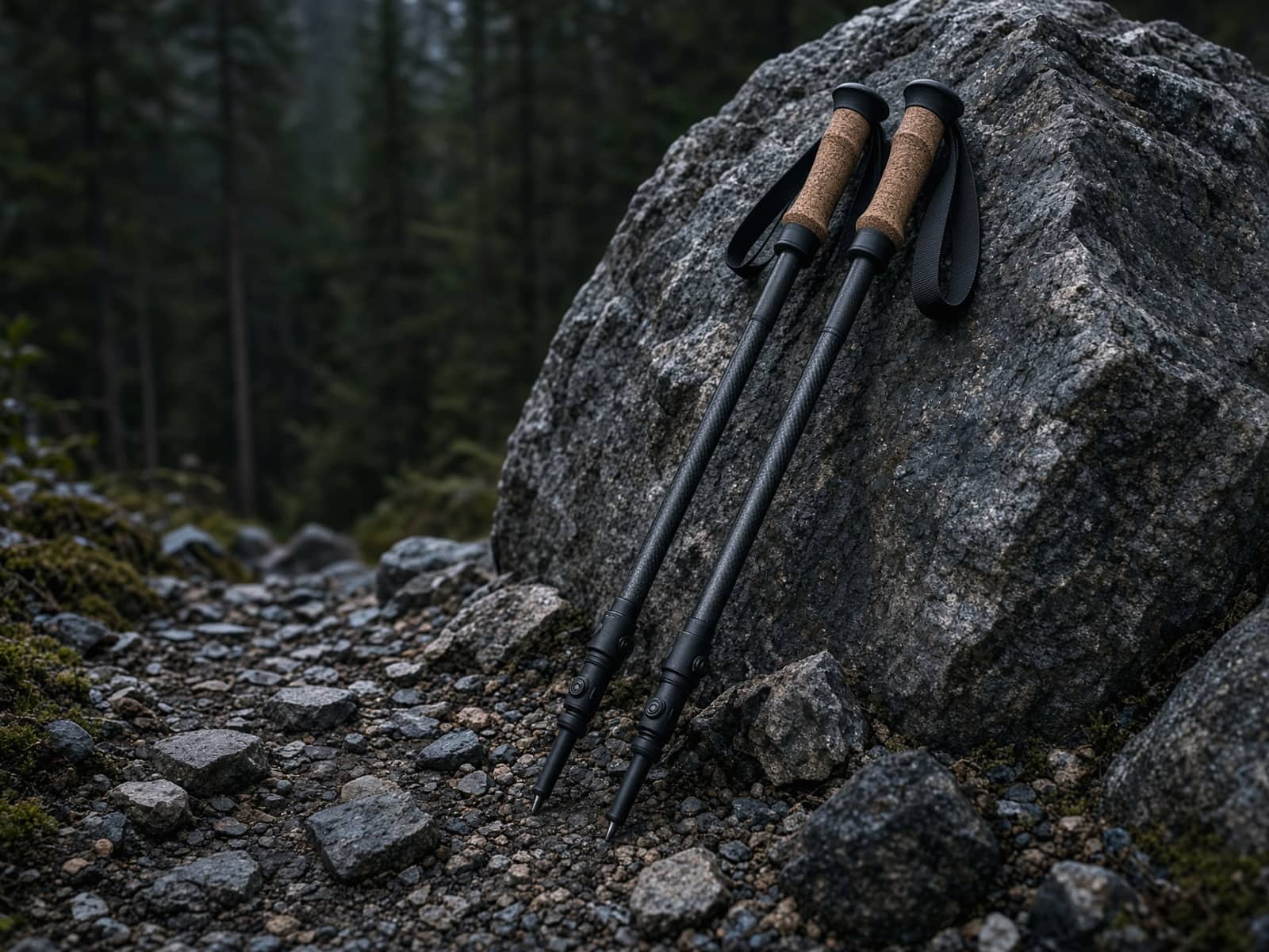 A pair of carbon trekking poles with cork grips leaning on a boulder on a rocky trail