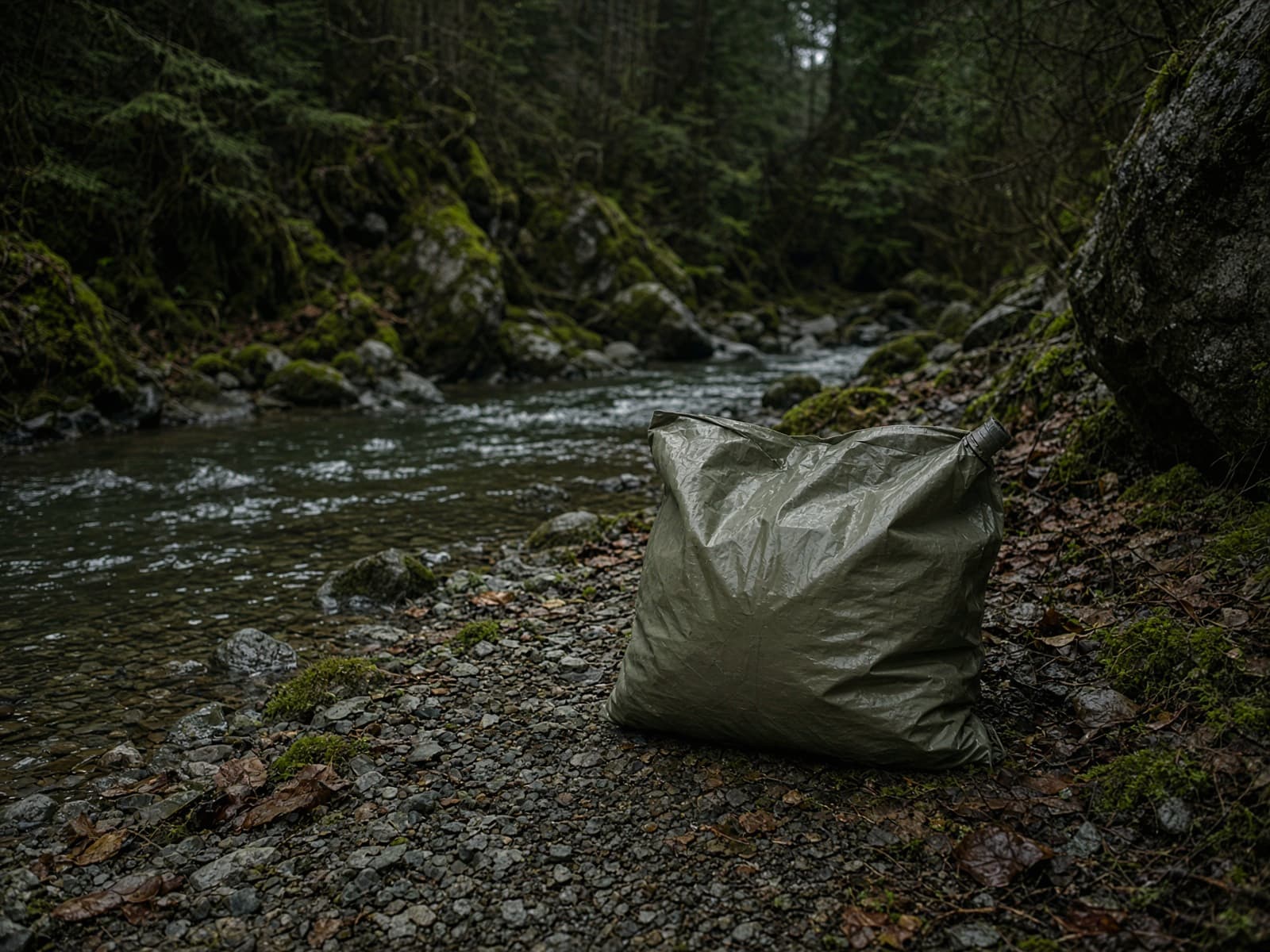 A wide-mouth dirty-water bag beside a stream