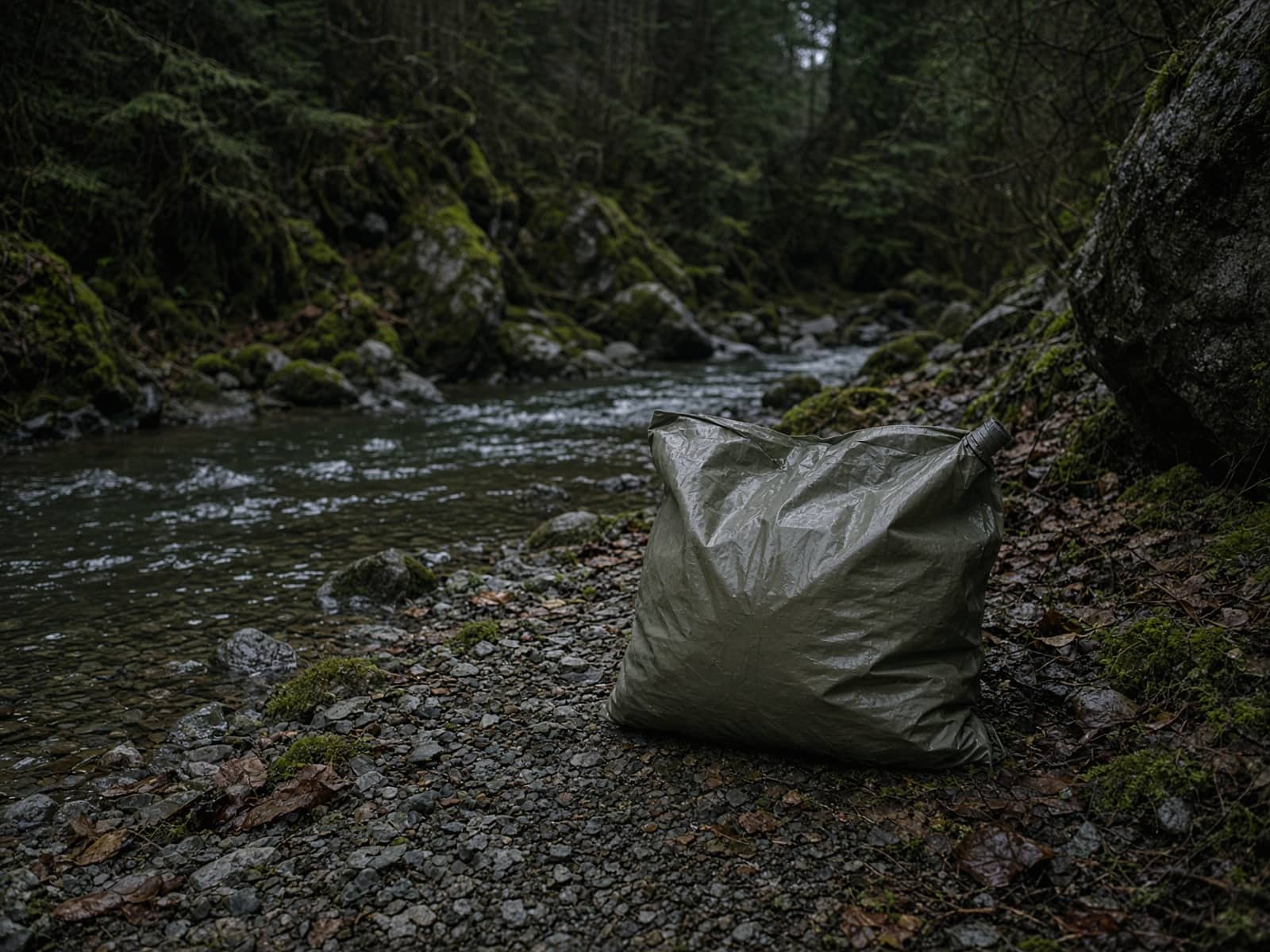 A wide-mouth dirty-water bag beside a stream