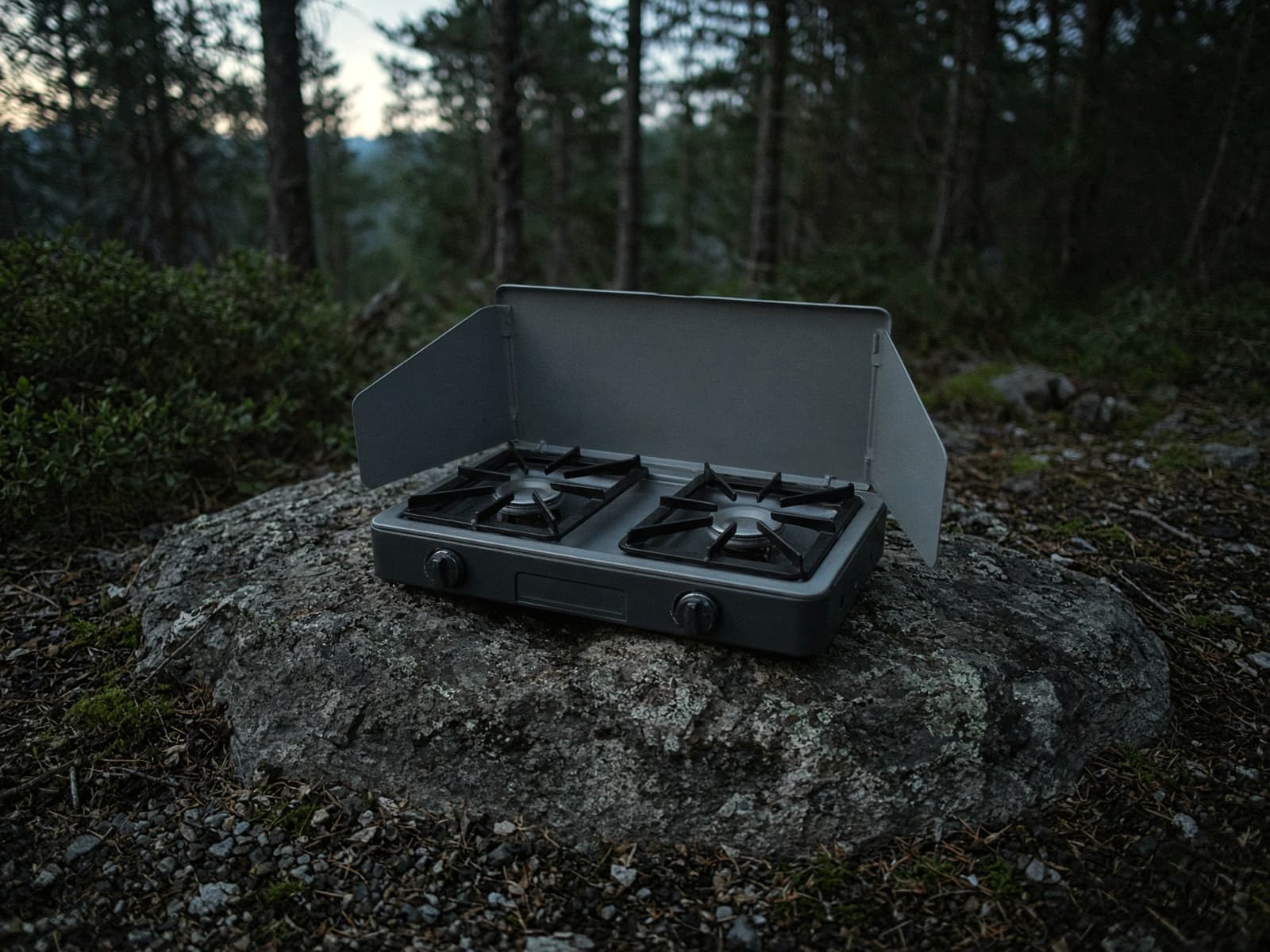A two-burner car-camping stove on a flat rock at dusk