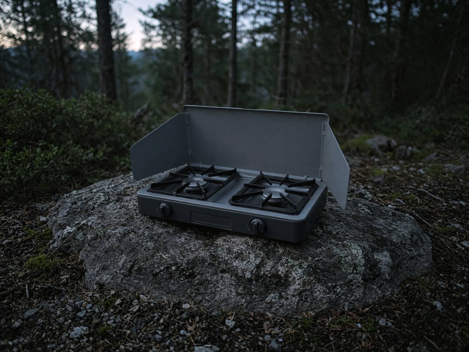 A two-burner car-camping stove on a flat rock at dusk