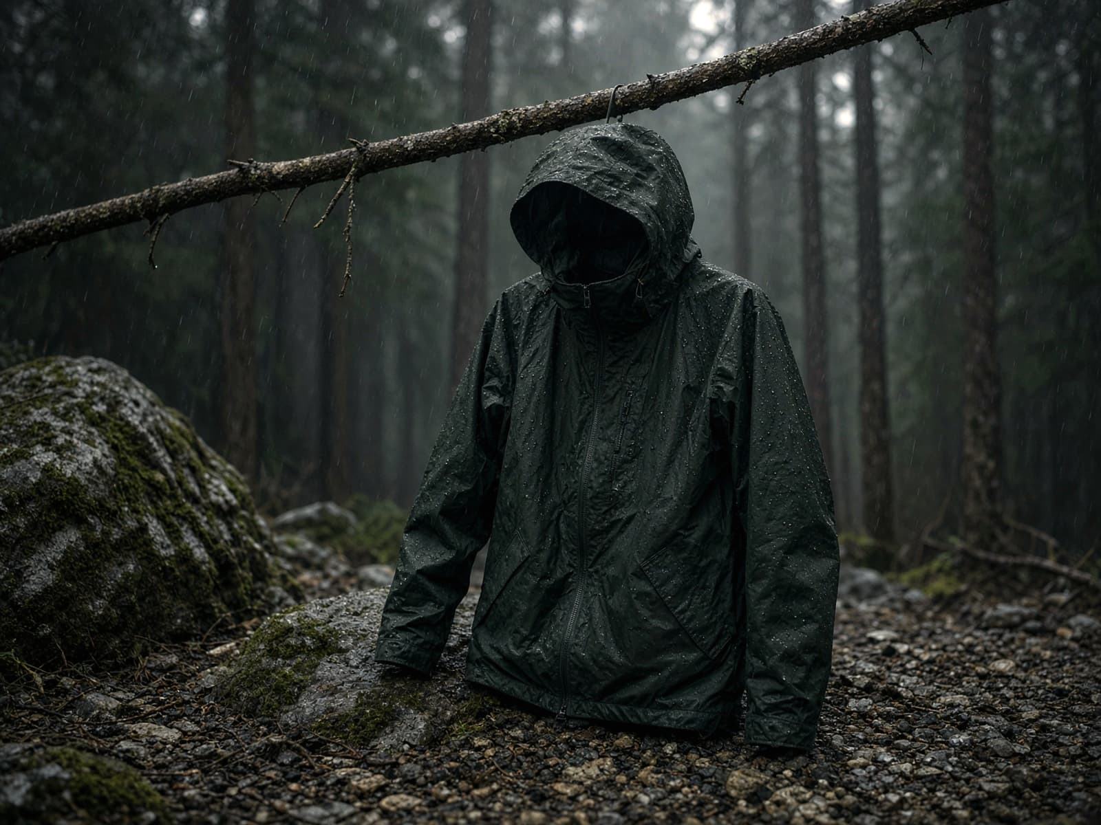 A budget everyday rain jacket hung from a branch in light rain