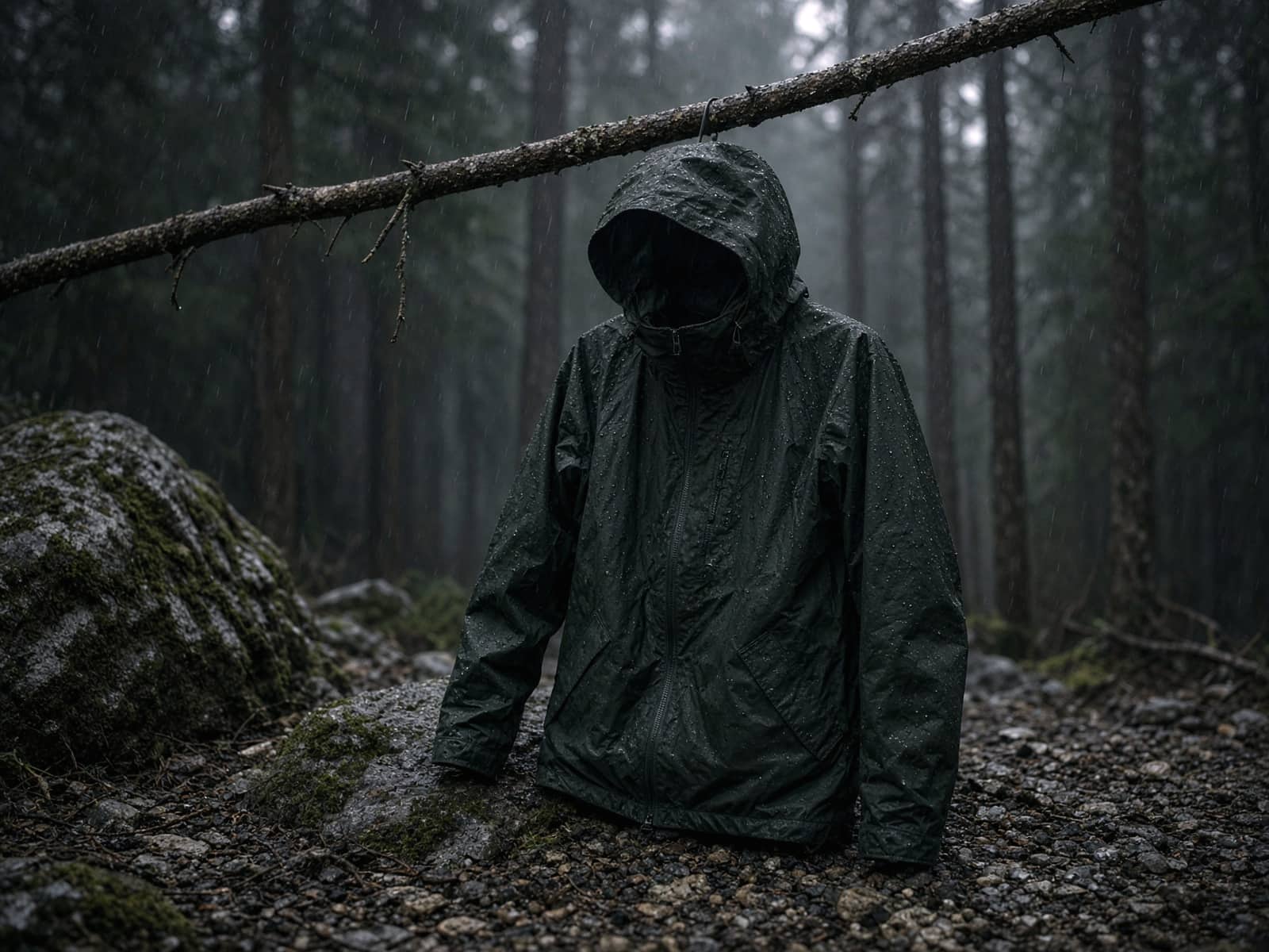A budget everyday rain jacket hung from a branch in light rain