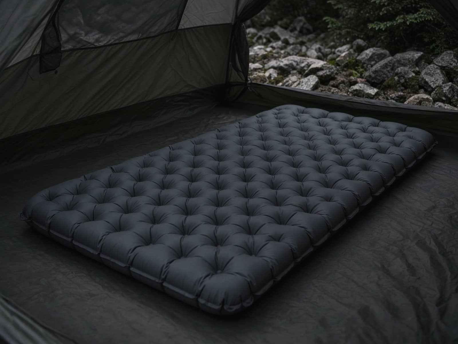 A very thick camp air pad on a tent floor